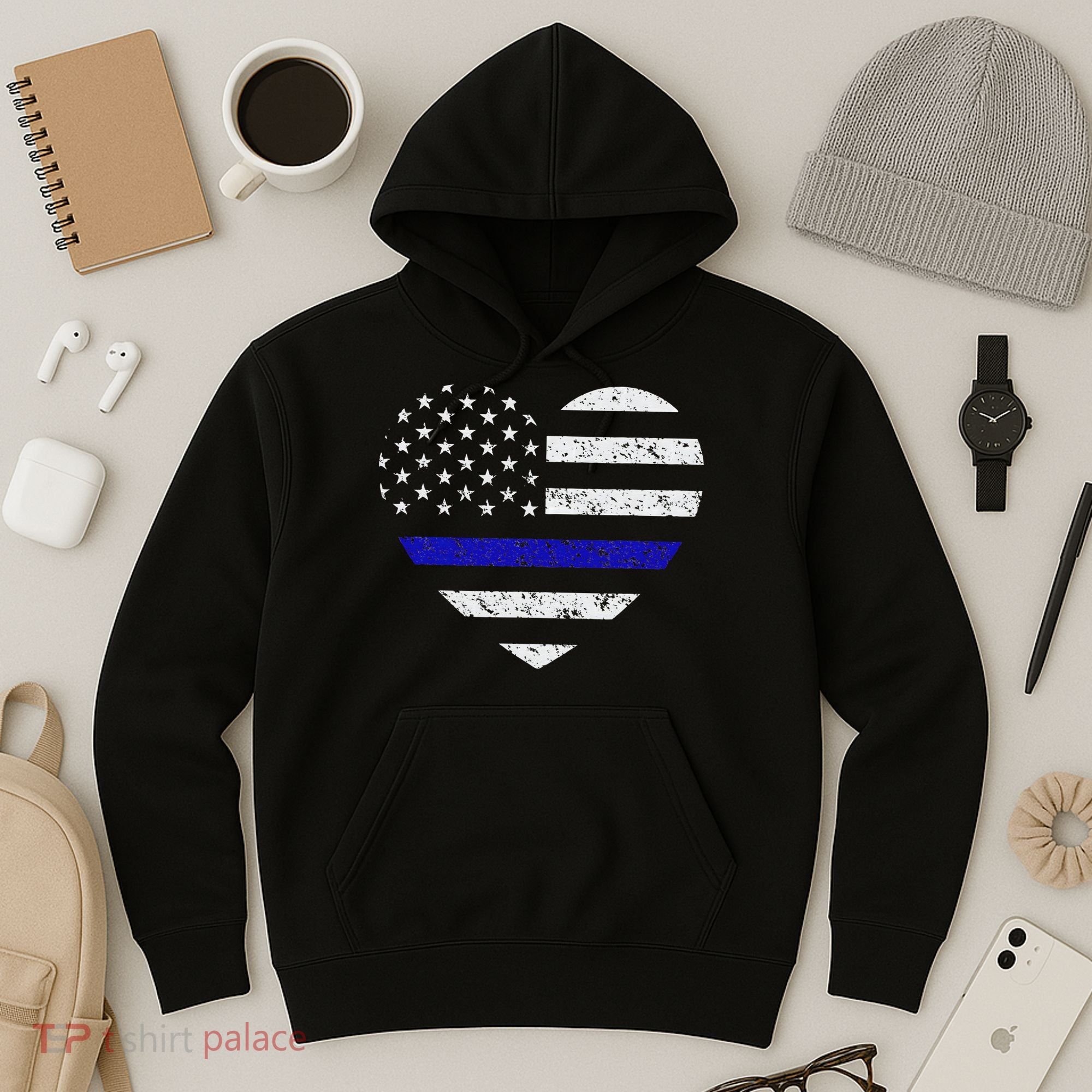 Thin Blue Line American Flag Heart Police Hoodie