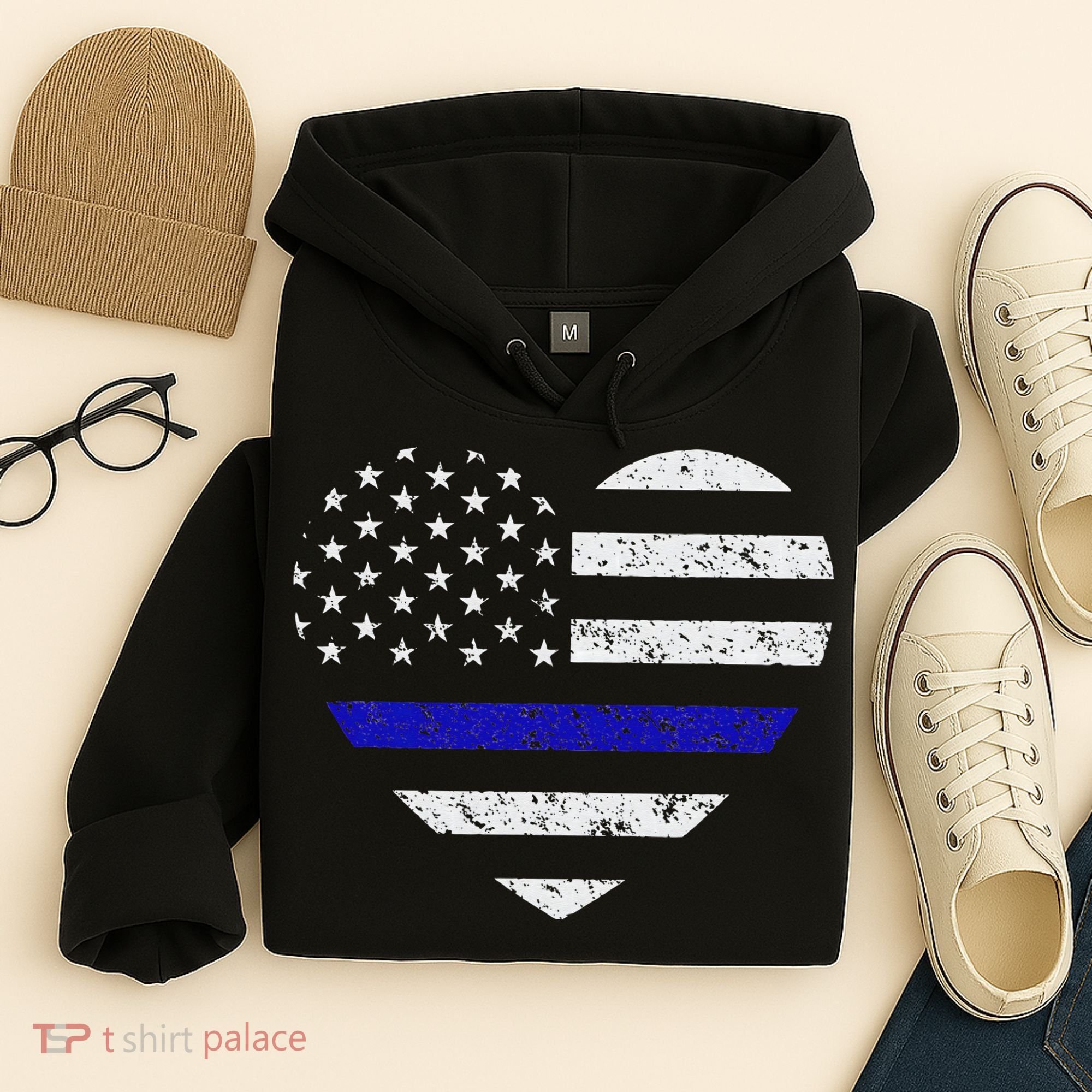 Thin Blue Line American Flag Heart Police Hoodie