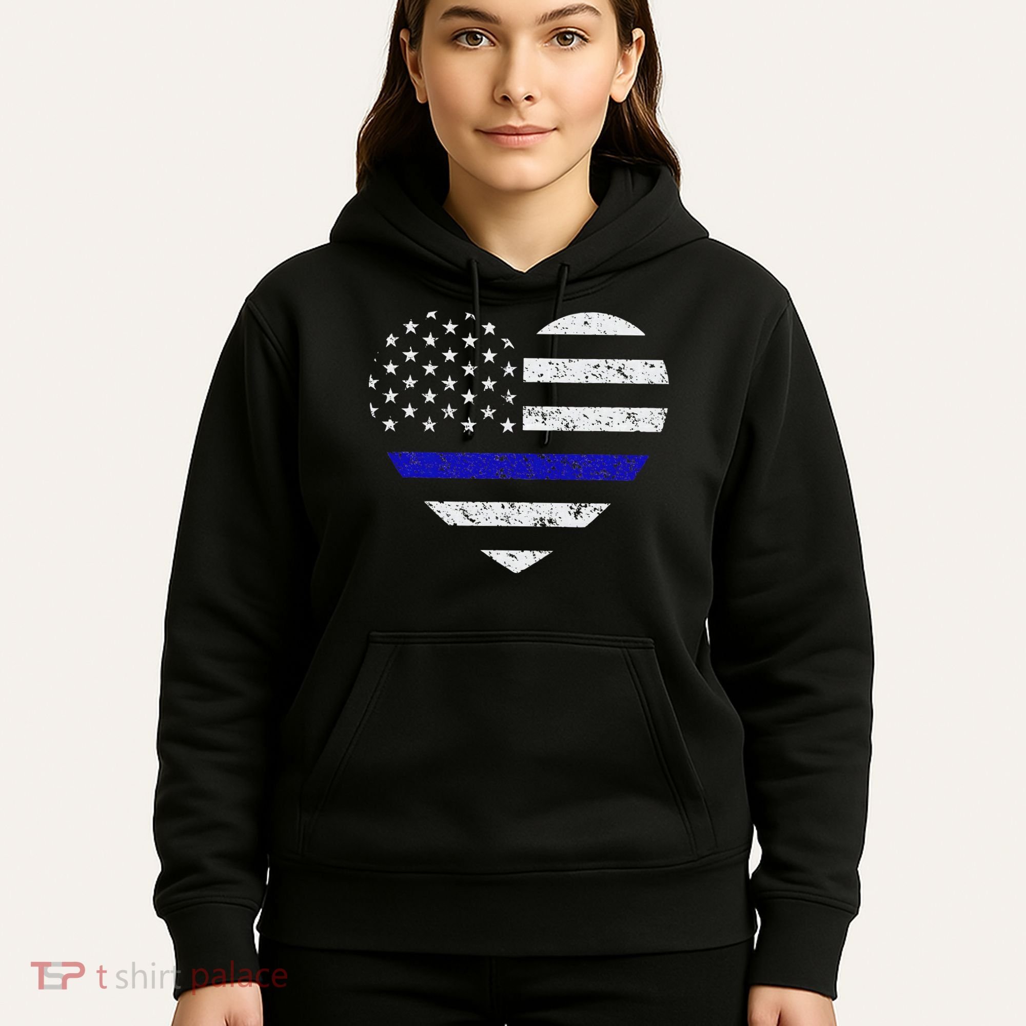Thin Blue Line American Flag Heart Police Hoodie