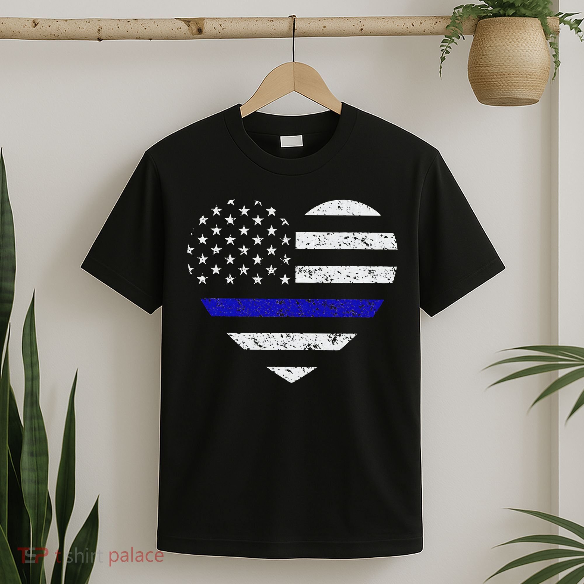 Thin Blue Line American Flag Heart Police T-Shirt