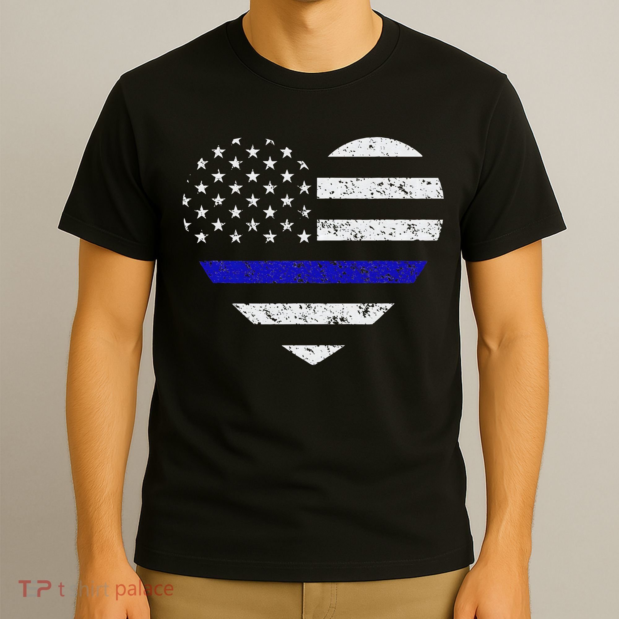 Thin Blue Line American Flag Heart Police T-Shirt