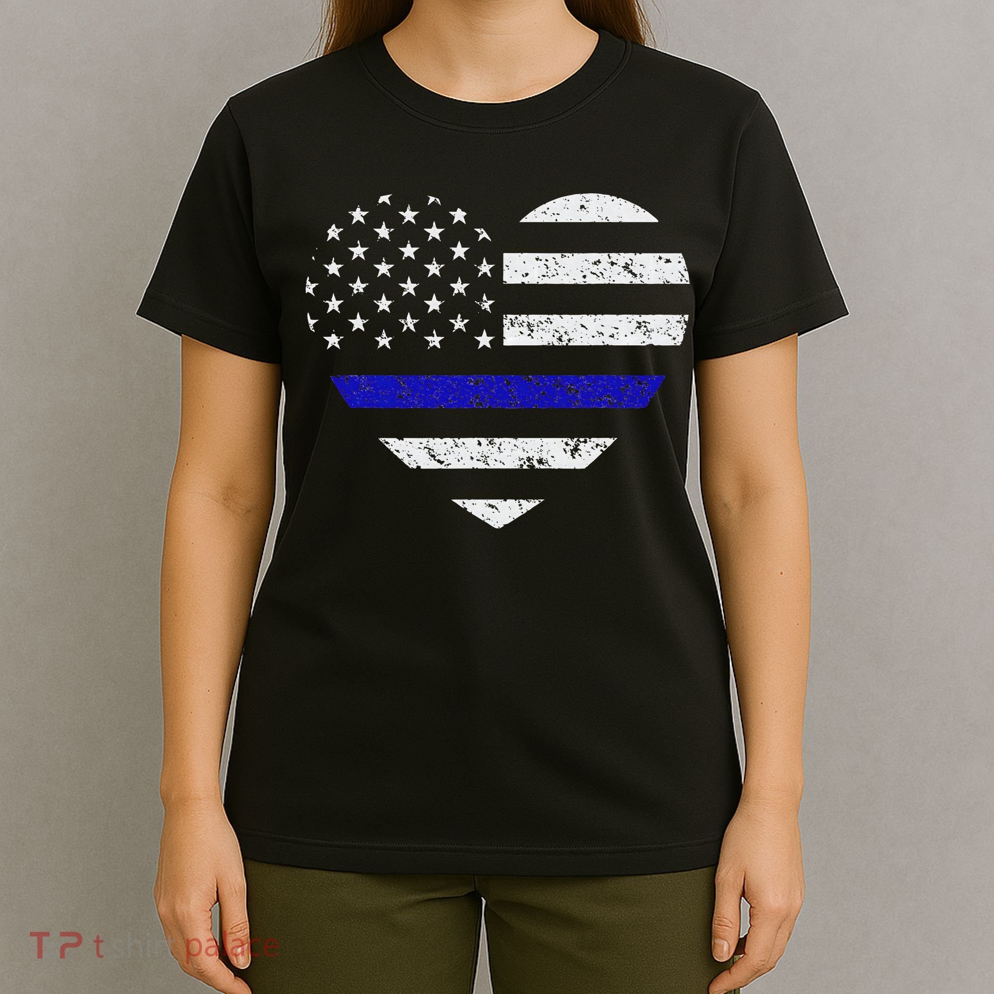 Thin Blue Line American Flag Heart Police T-Shirt