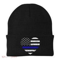 Thin Blue Line American Flag Heart Police Beanie thumb 0