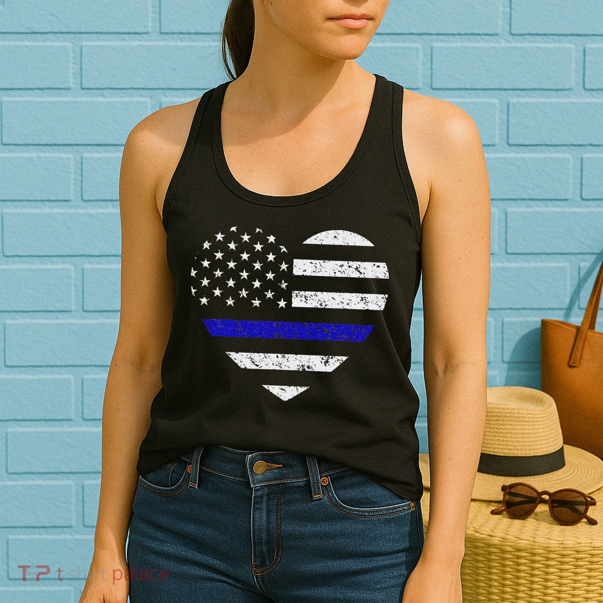 Thin Blue Line American Flag Heart Police Women's Tank Top