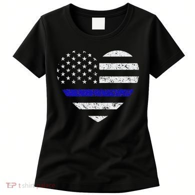 Thin Blue Line American Flag Heart Police Women's T-Shirt