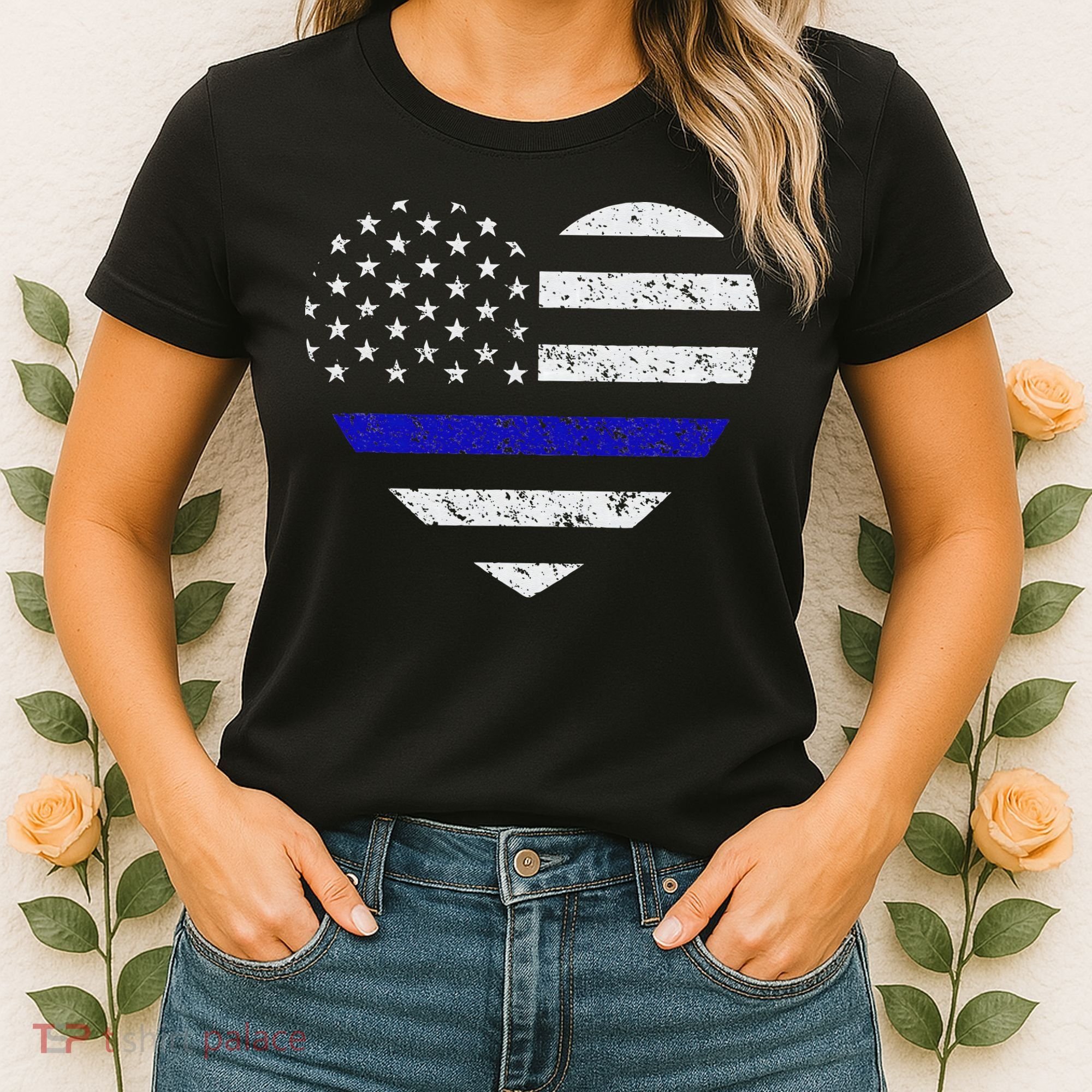 Thin Blue Line American Flag Heart Police Women's T-Shirt