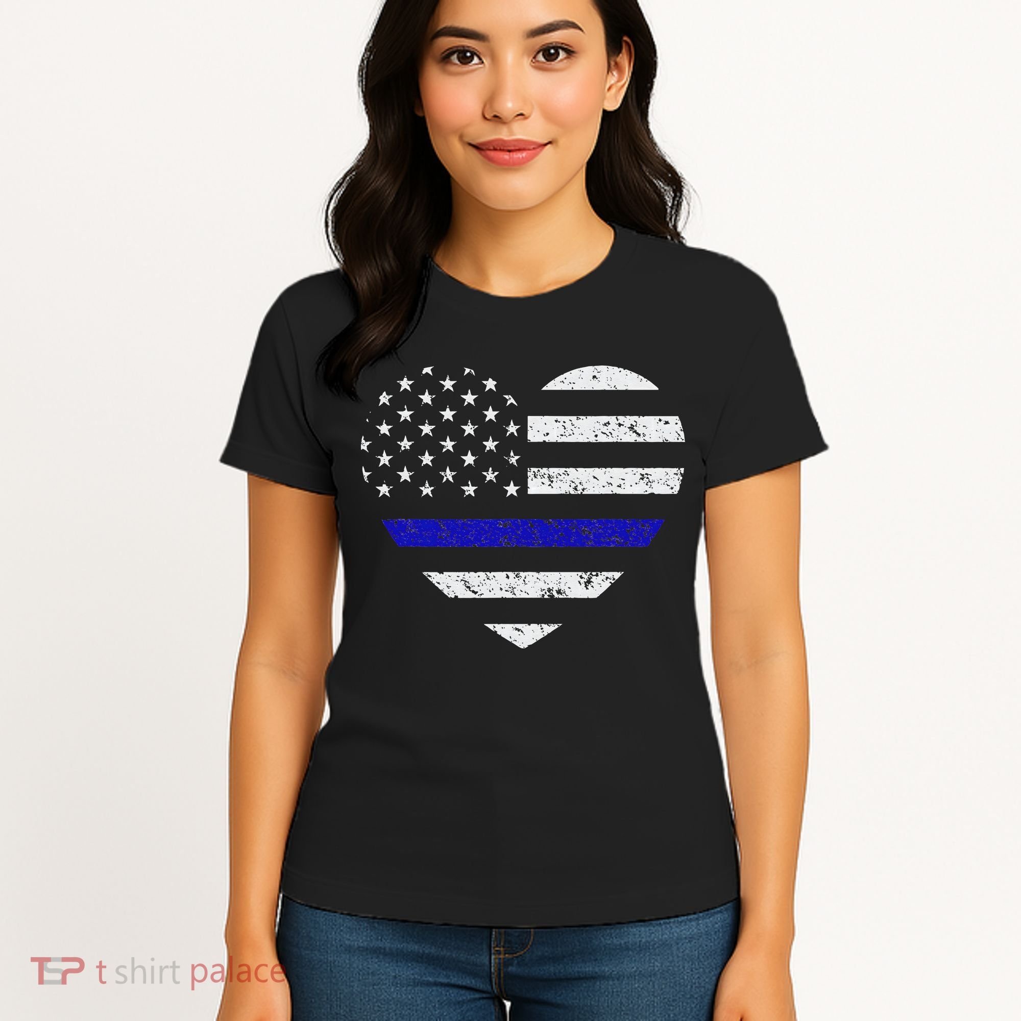Thin Blue Line American Flag Heart Police Women's T-Shirt