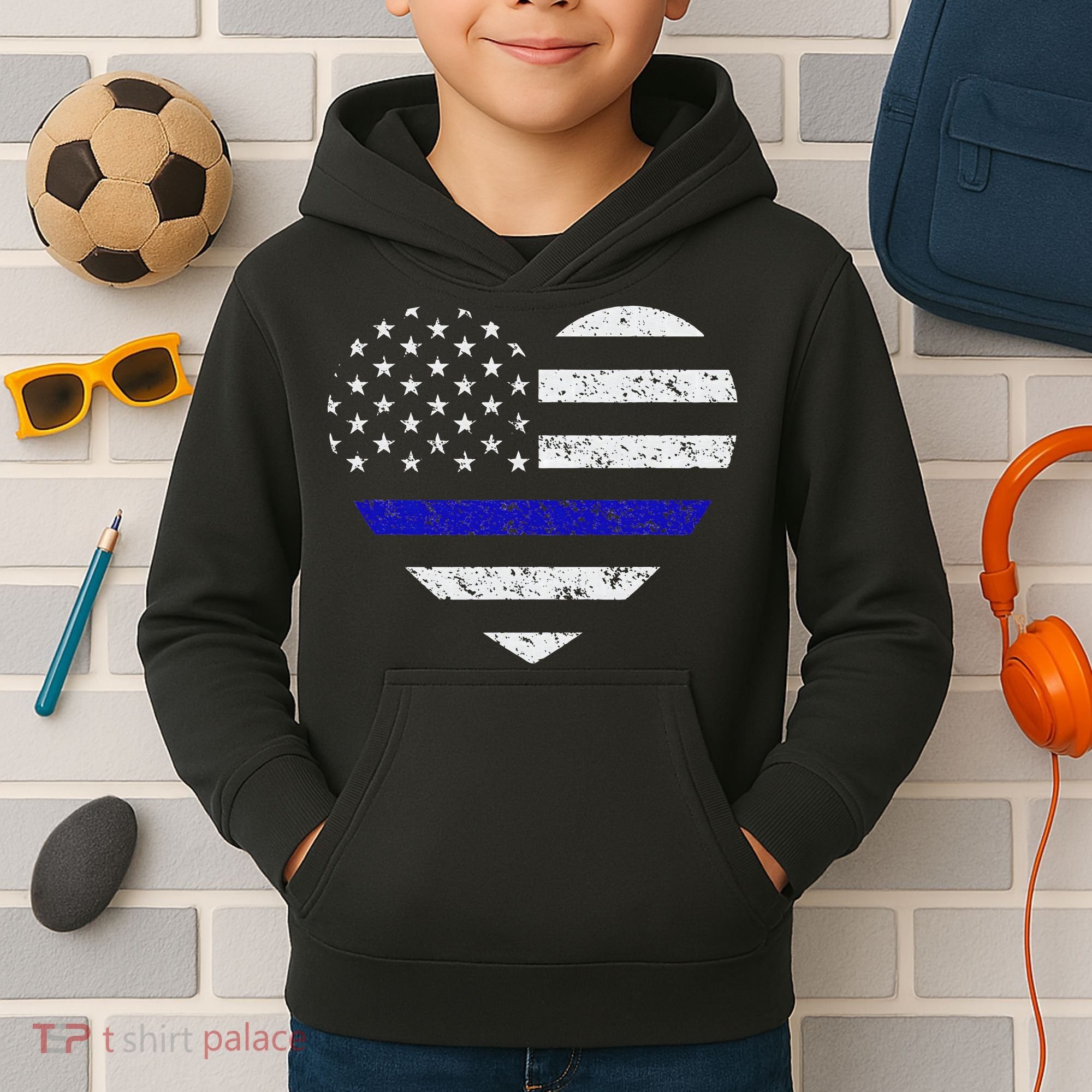 Thin Blue Line American Flag Heart Police Kids Hoodie