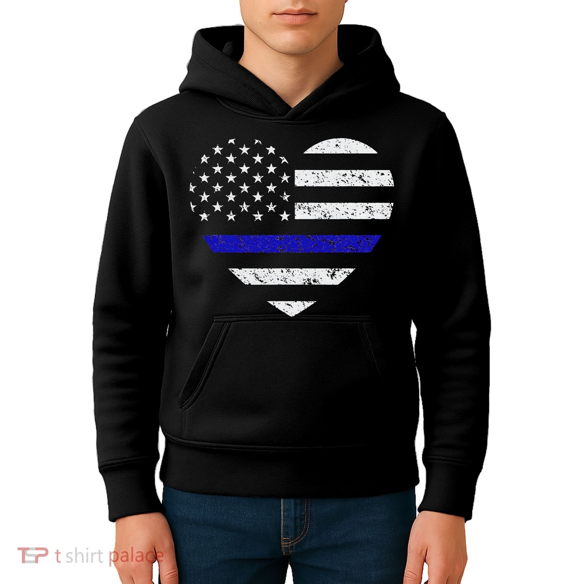 Thin Blue Line American Flag Heart Police Kids Hoodie