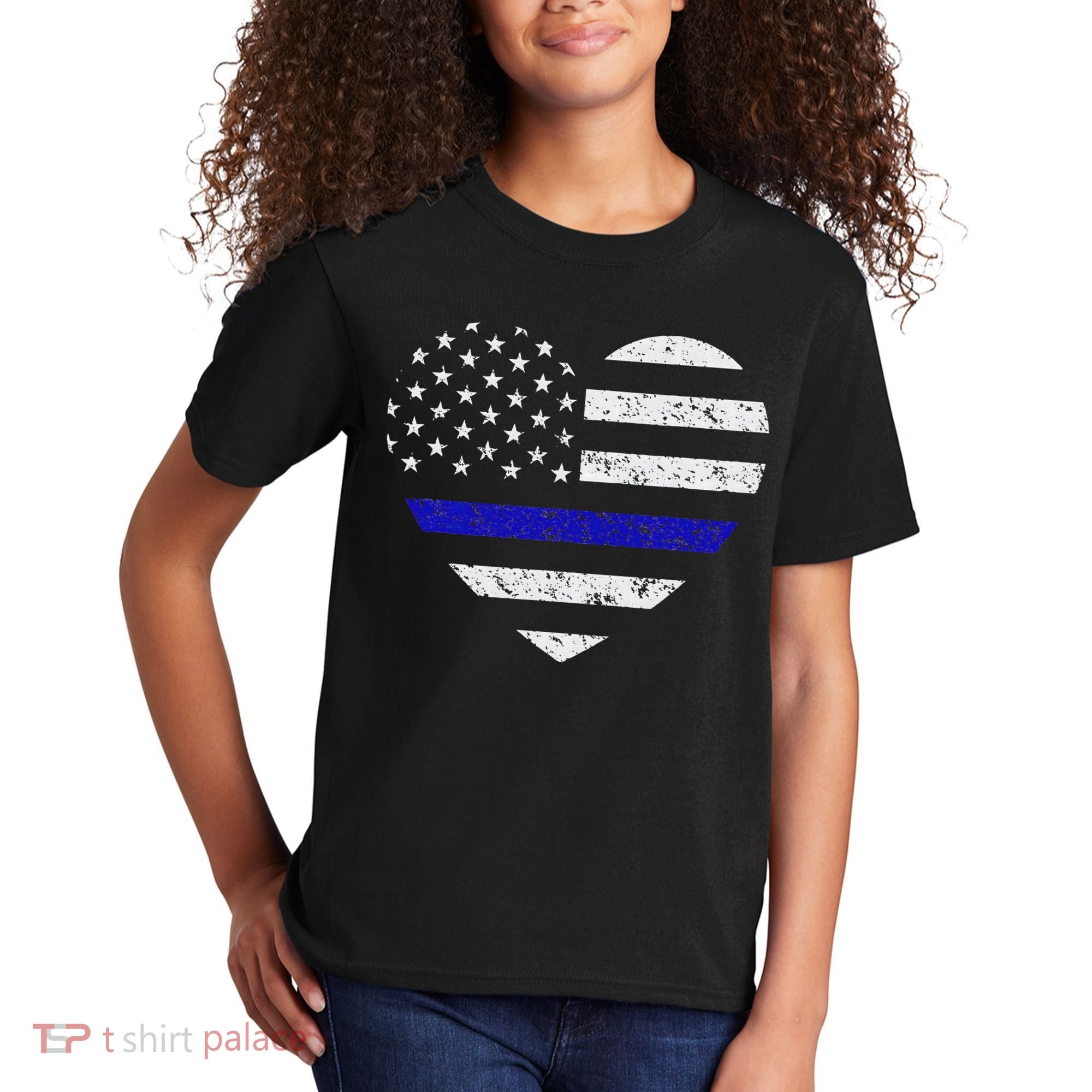Thin Blue Line American Flag Heart Police Kids T-Shirt
