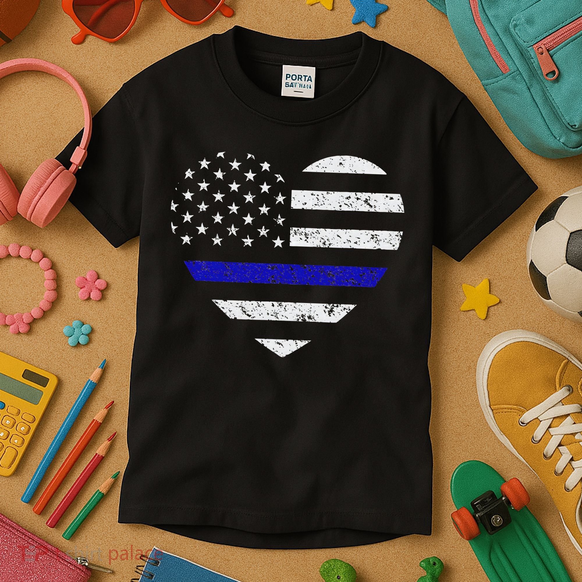 Thin Blue Line American Flag Heart Police Kids T-Shirt