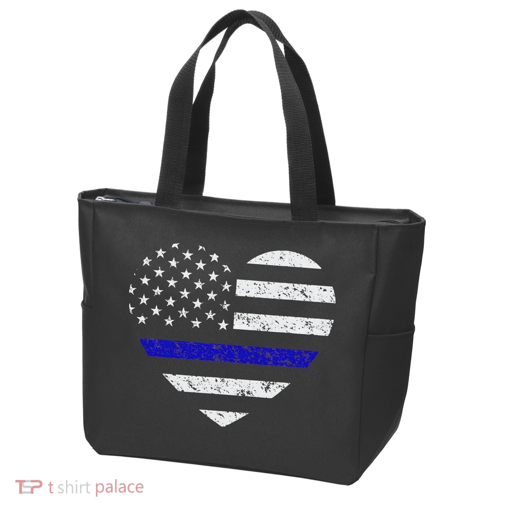 Thin Blue Line American Flag Heart Police Tote Bag