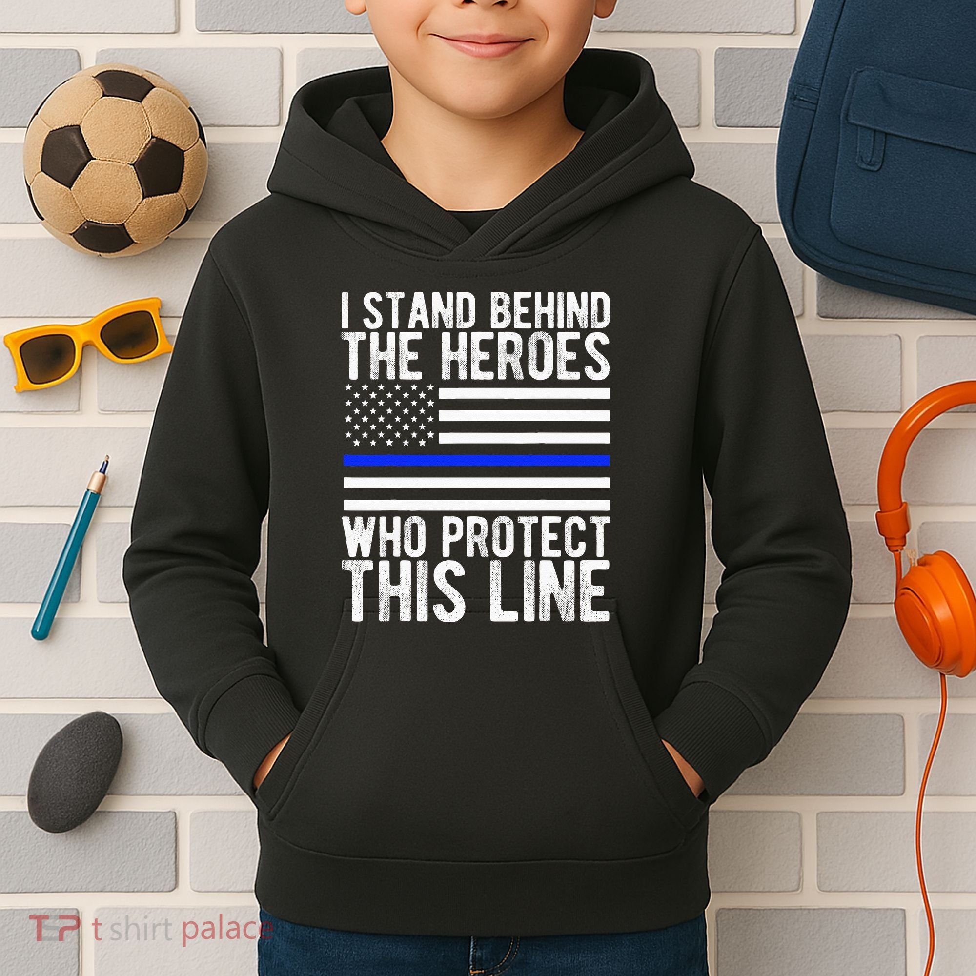 Thin Blue Line Flag Police Hero Law Enforcement Support Kids Hoodie