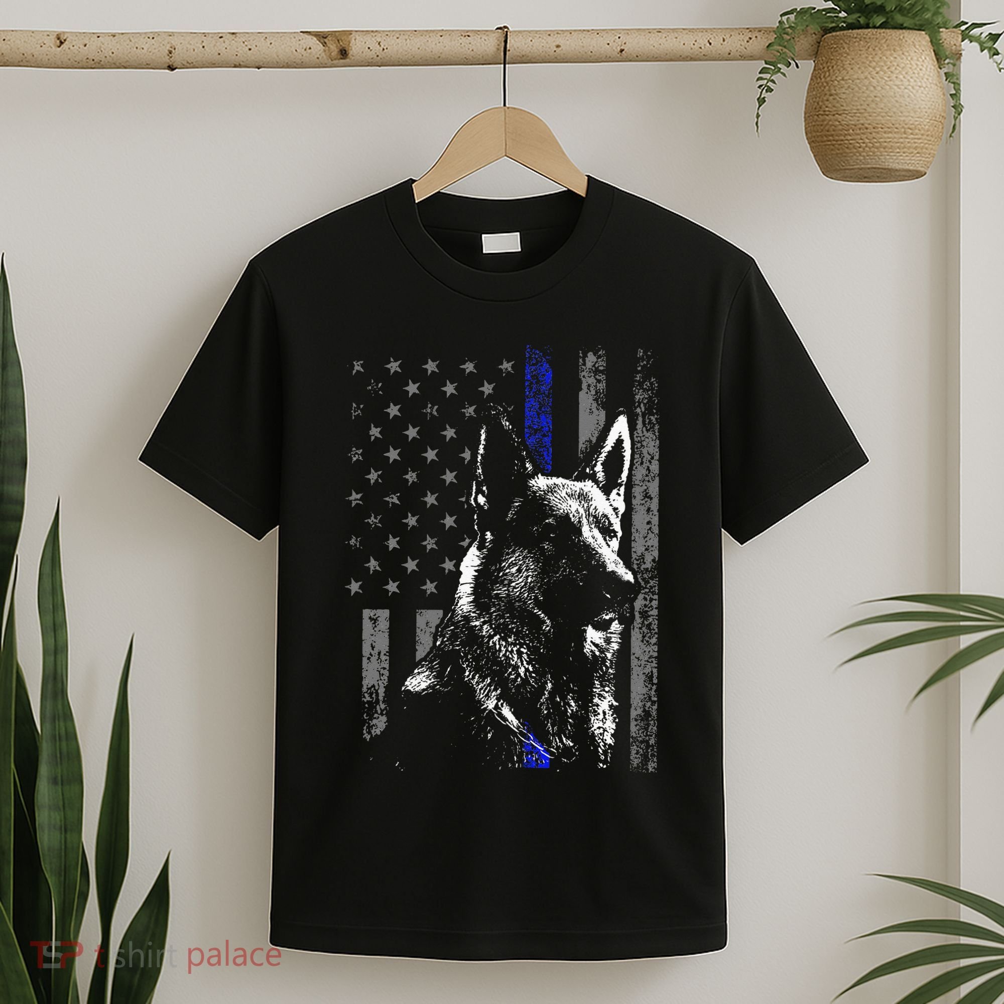 Thin Blue Line Flag K9 German Shepherd Police Dog Gift Men T-Shirt
