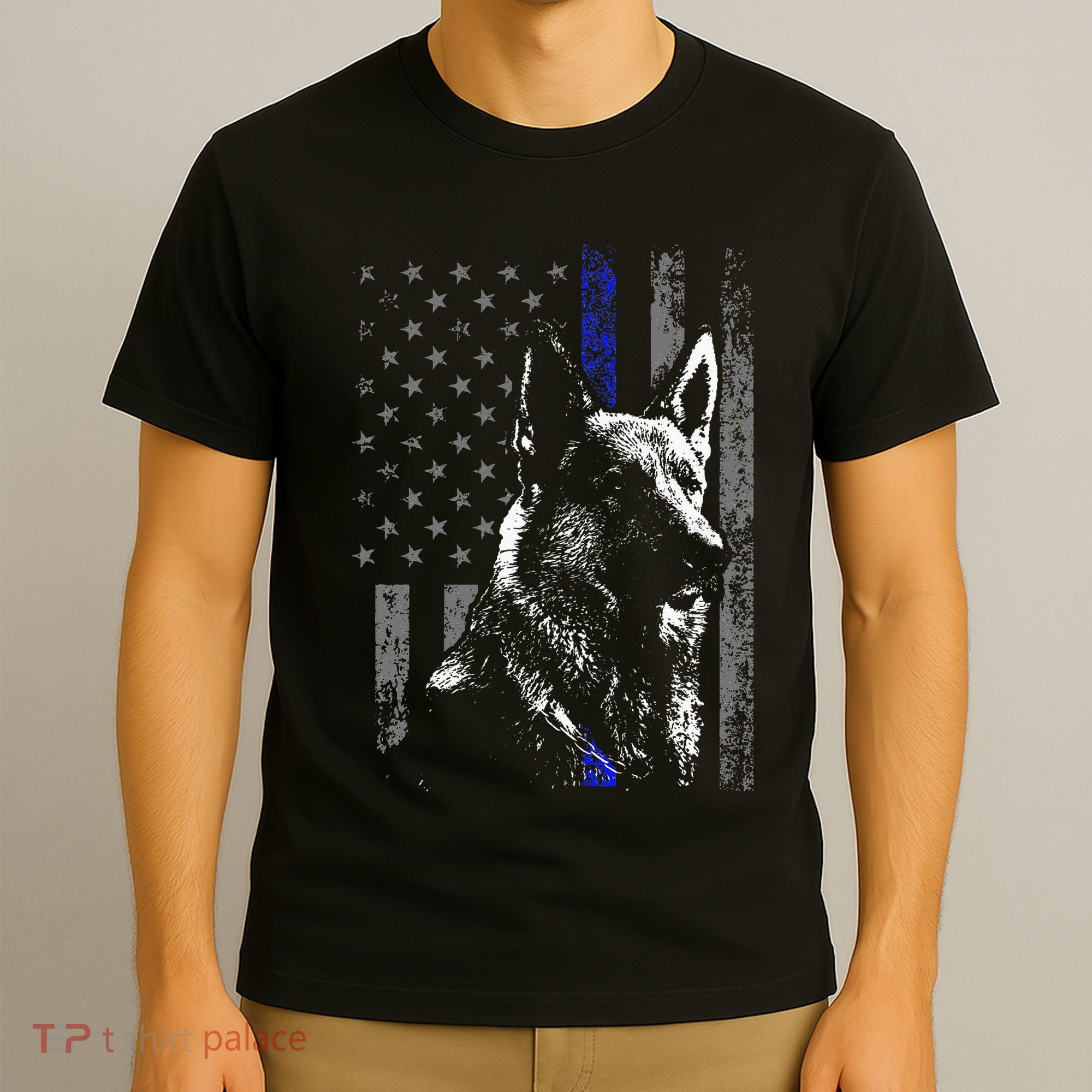 Thin Blue Line Flag K9 German Shepherd Police Dog Gift Men T-Shirt