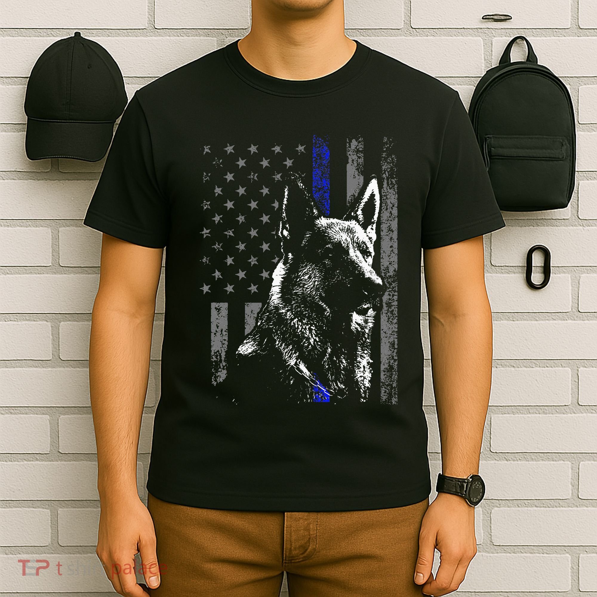 Thin Blue Line Flag K9 German Shepherd Police Dog Gift Men T-Shirt