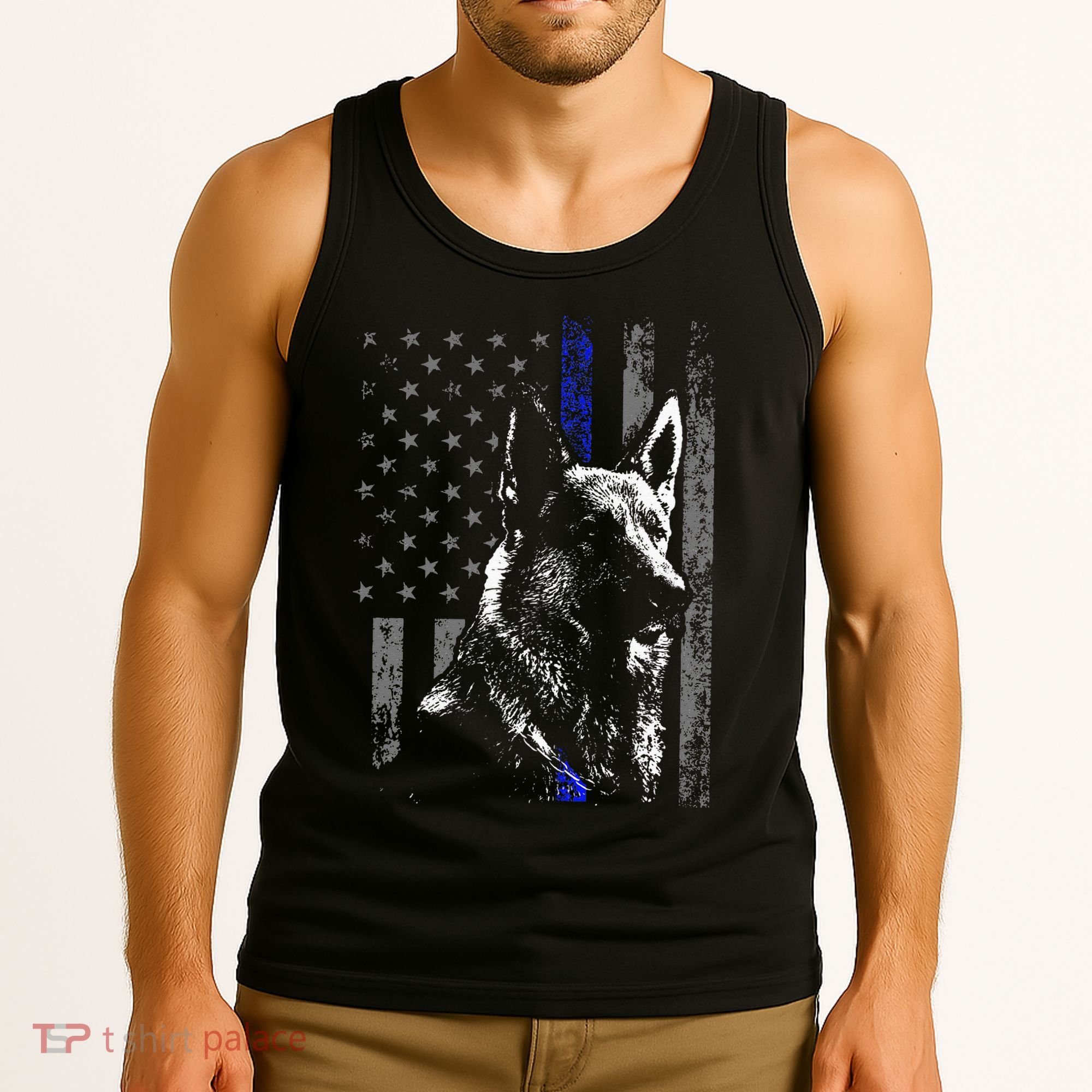 Thin Blue Line Flag K9 German Shepherd Police Dog Gift Men Tank Top