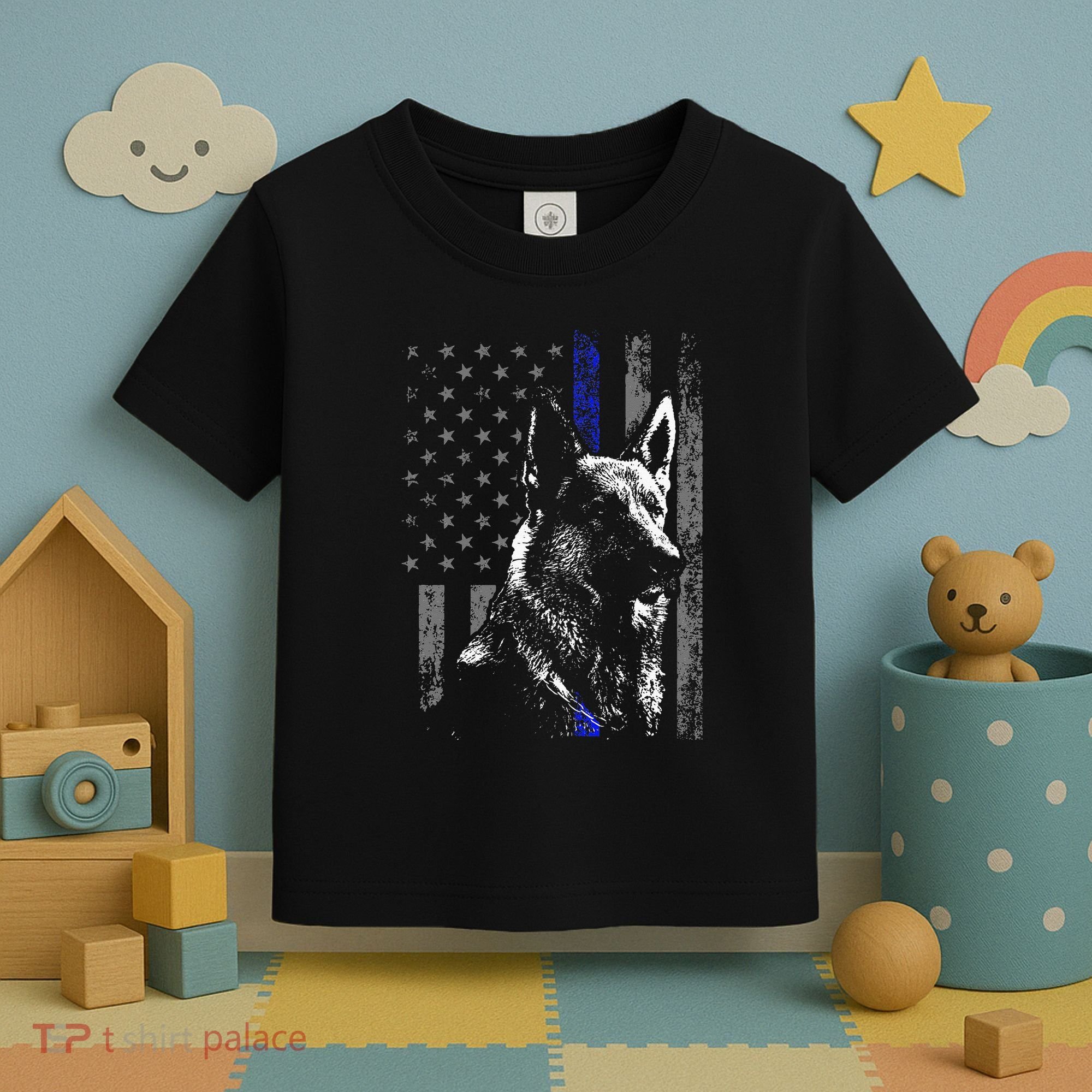 Thin Blue Line Flag K9 German Shepherd Police Dog Gift Men Toddler T-Shirt