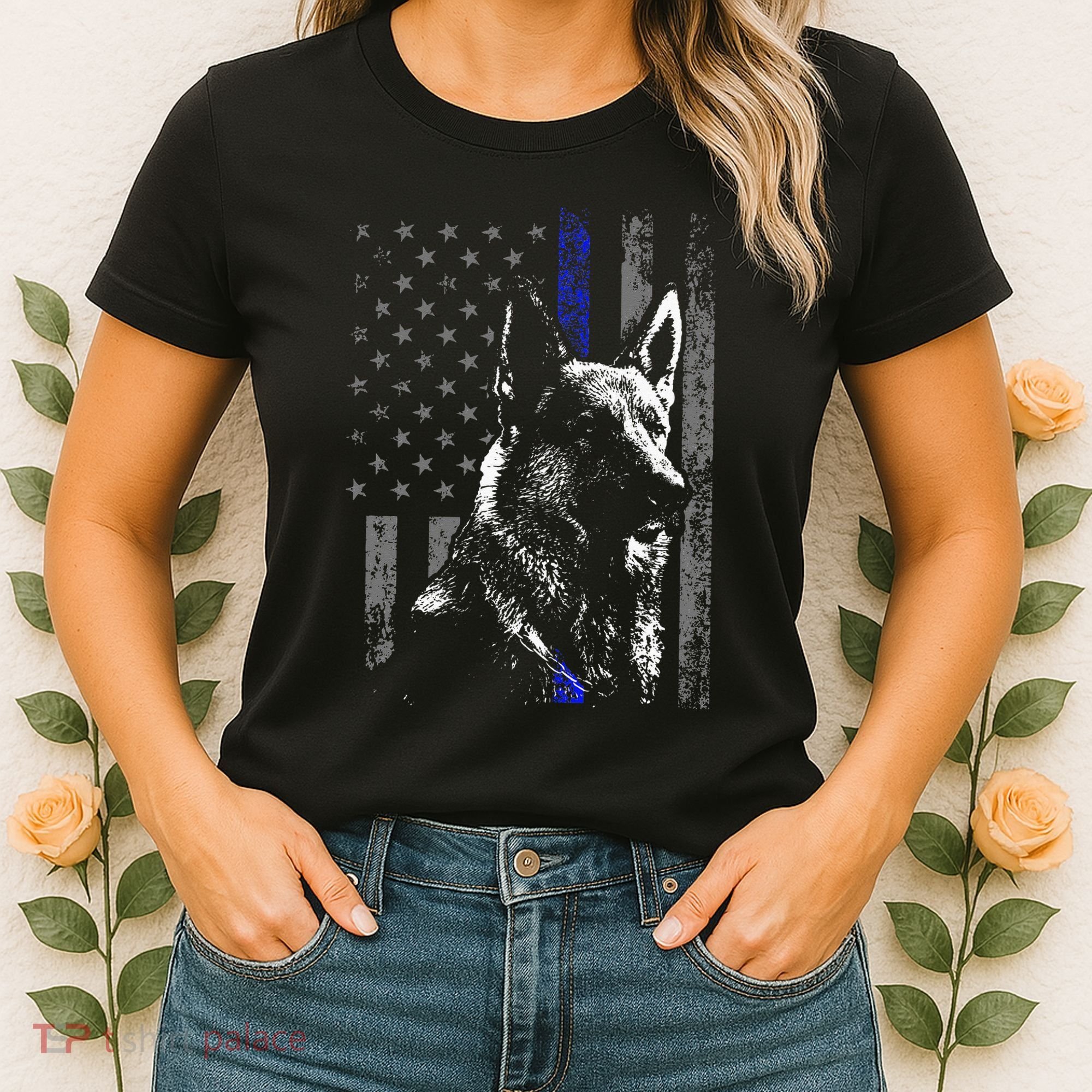 Thin Blue Line Flag K9 German Shepherd Police Dog Gift Men Women's T-Shirt