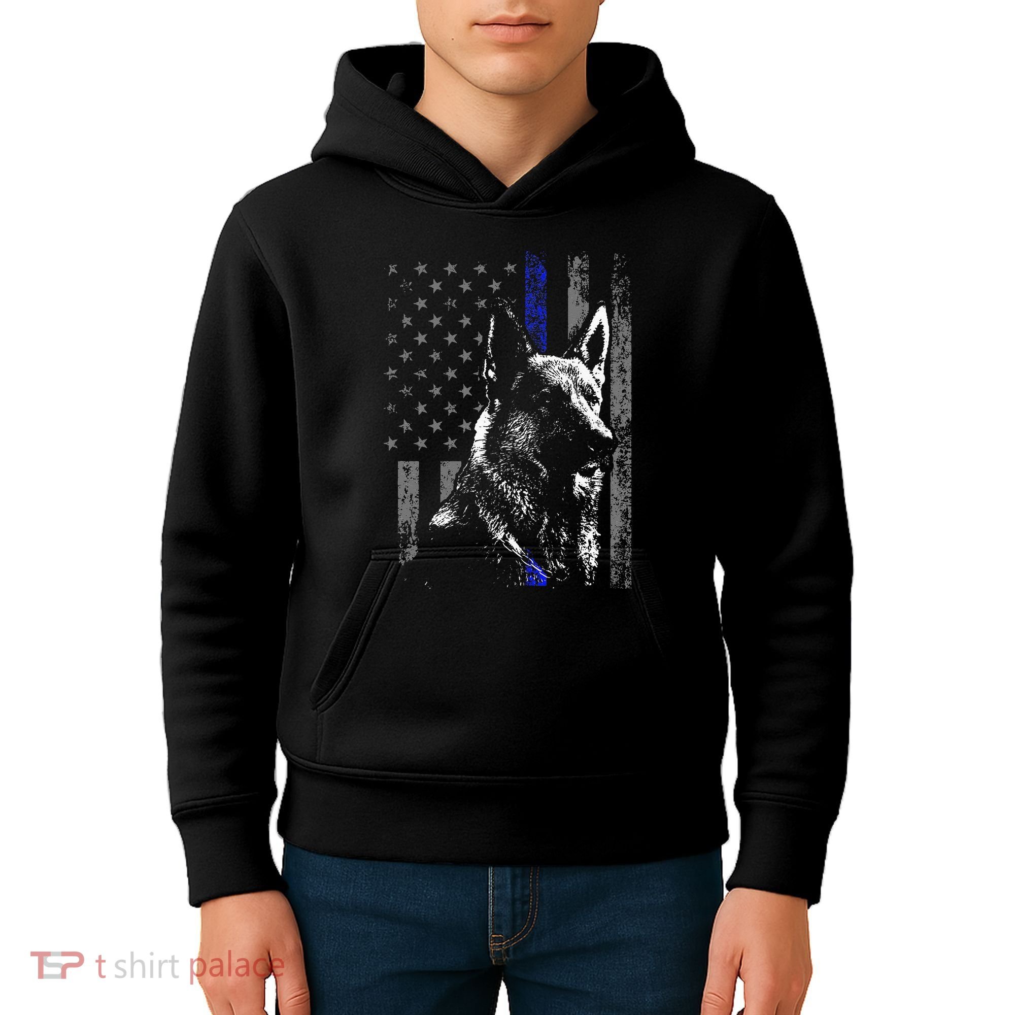 Thin Blue Line Flag K9 German Shepherd Police Dog Gift Men Kids Hoodie
