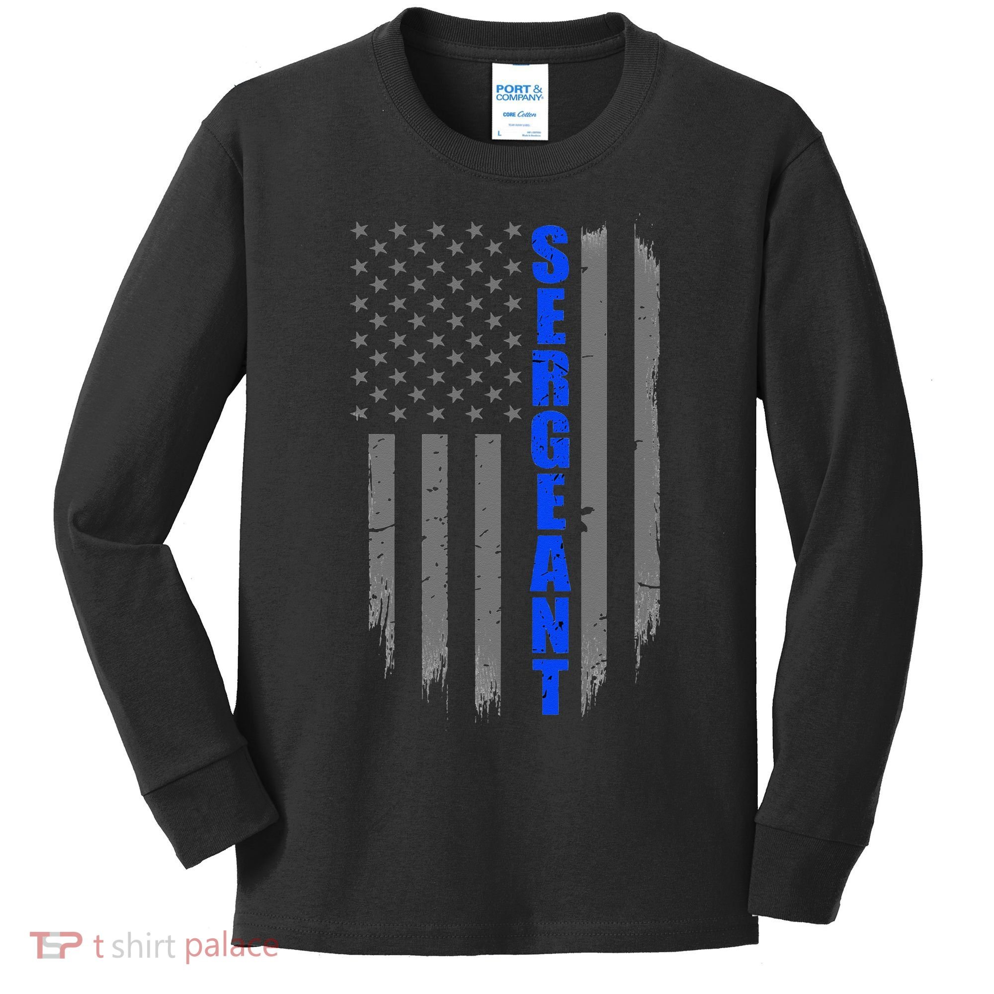 Thin Blue Line Flag For Police Sergeant Kids Long Sleeve Shirt