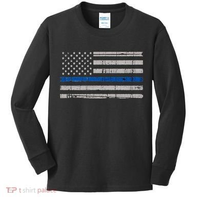 Thin Blue Line Flag  Police Pocket Size Flag Kids Long Sleeve Shirt