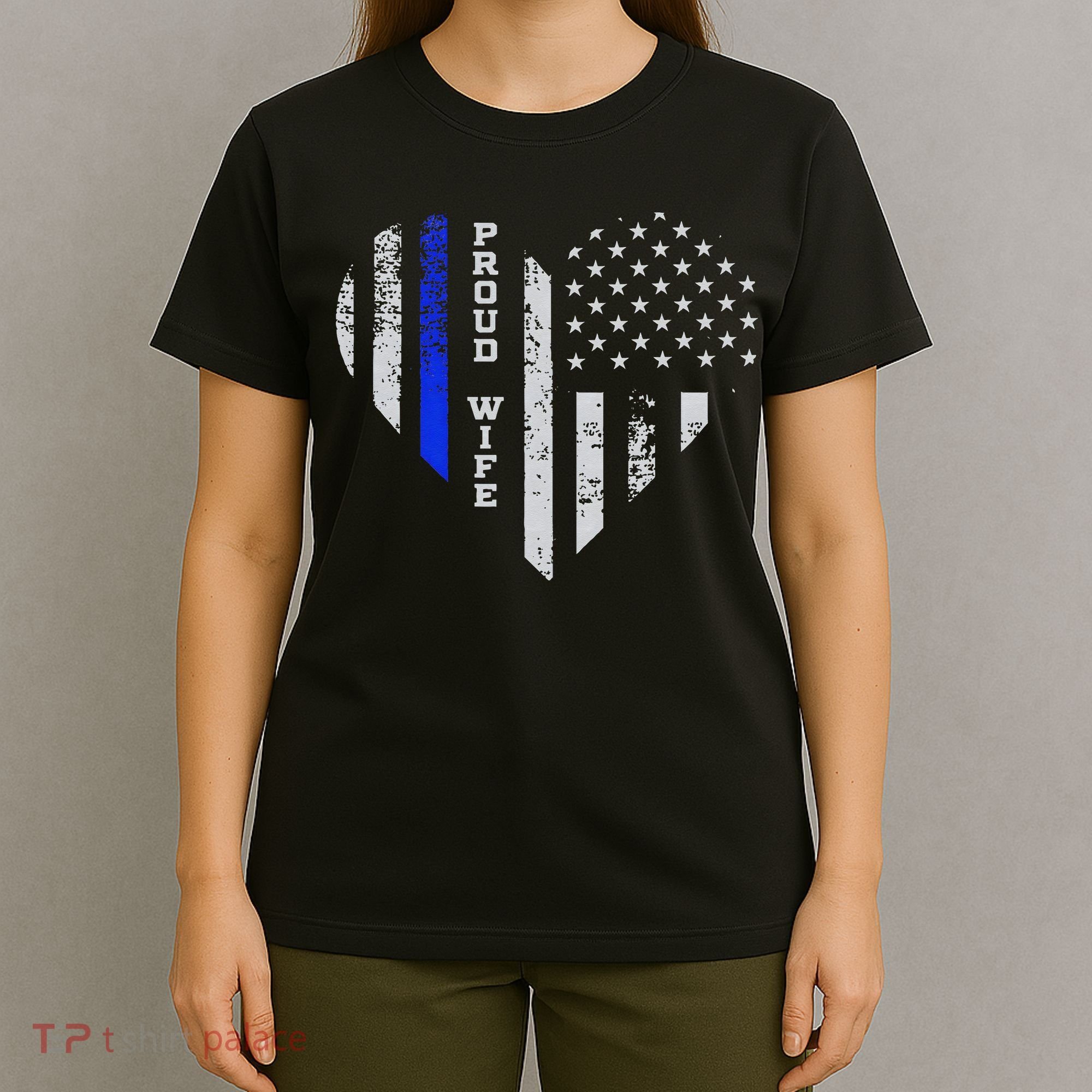 Thin Blue Line Heart Wife Of Police Proud USA T-Shirt