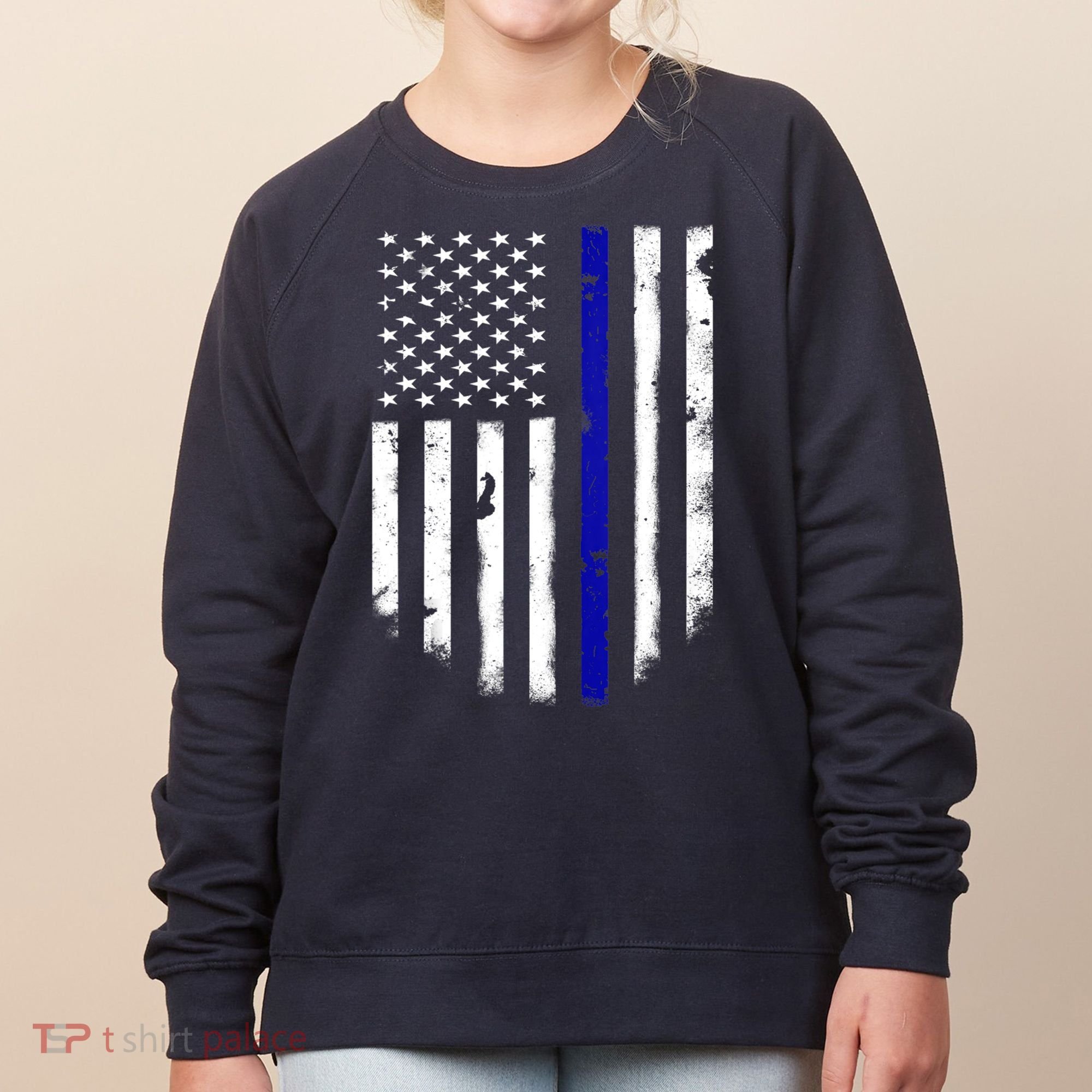 Thin Blue Line American Flag Shirt Cool Police Support Tee Women's Sweatshirt
