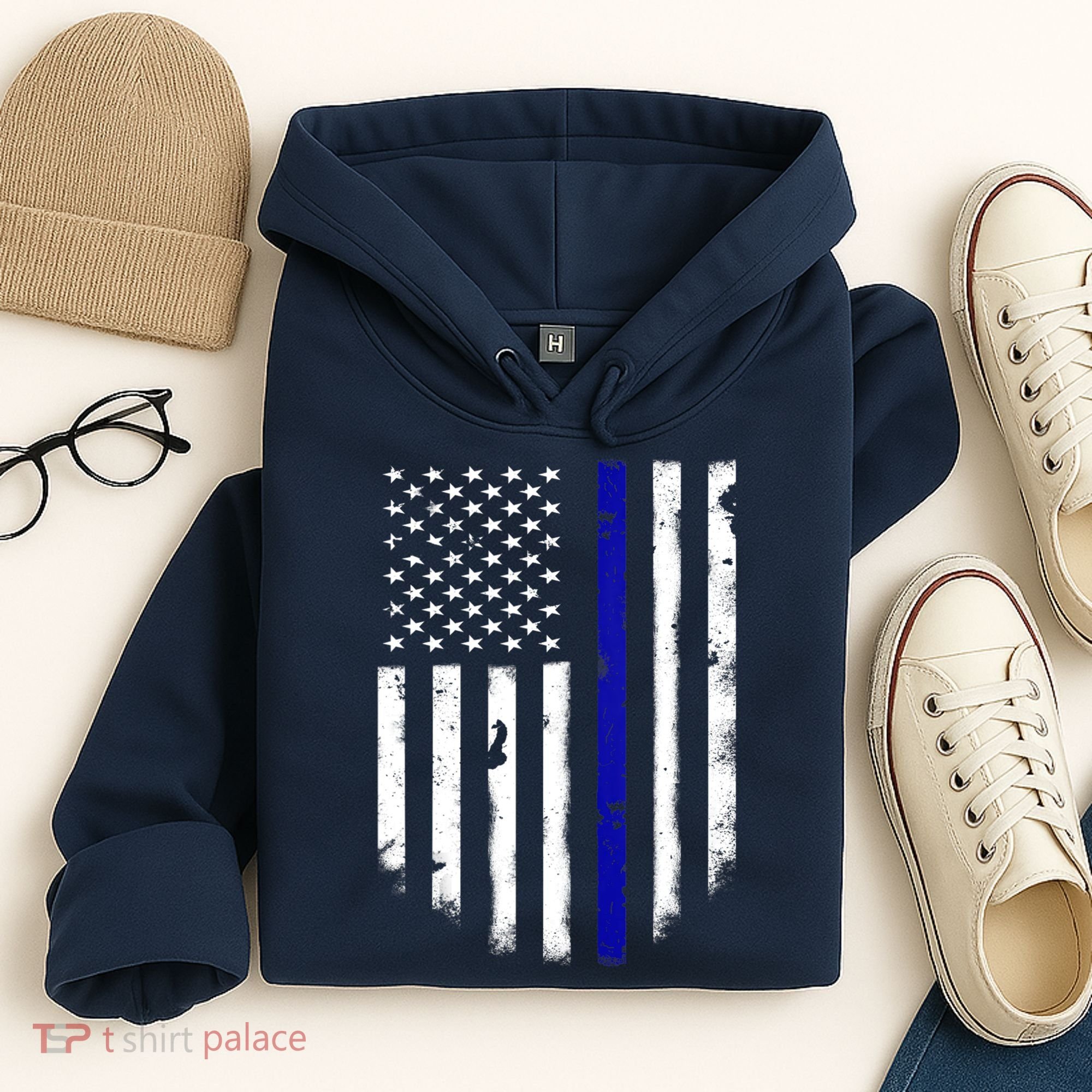 Thin Blue Line American Flag Shirt Cool Police Support Tee Hoodie