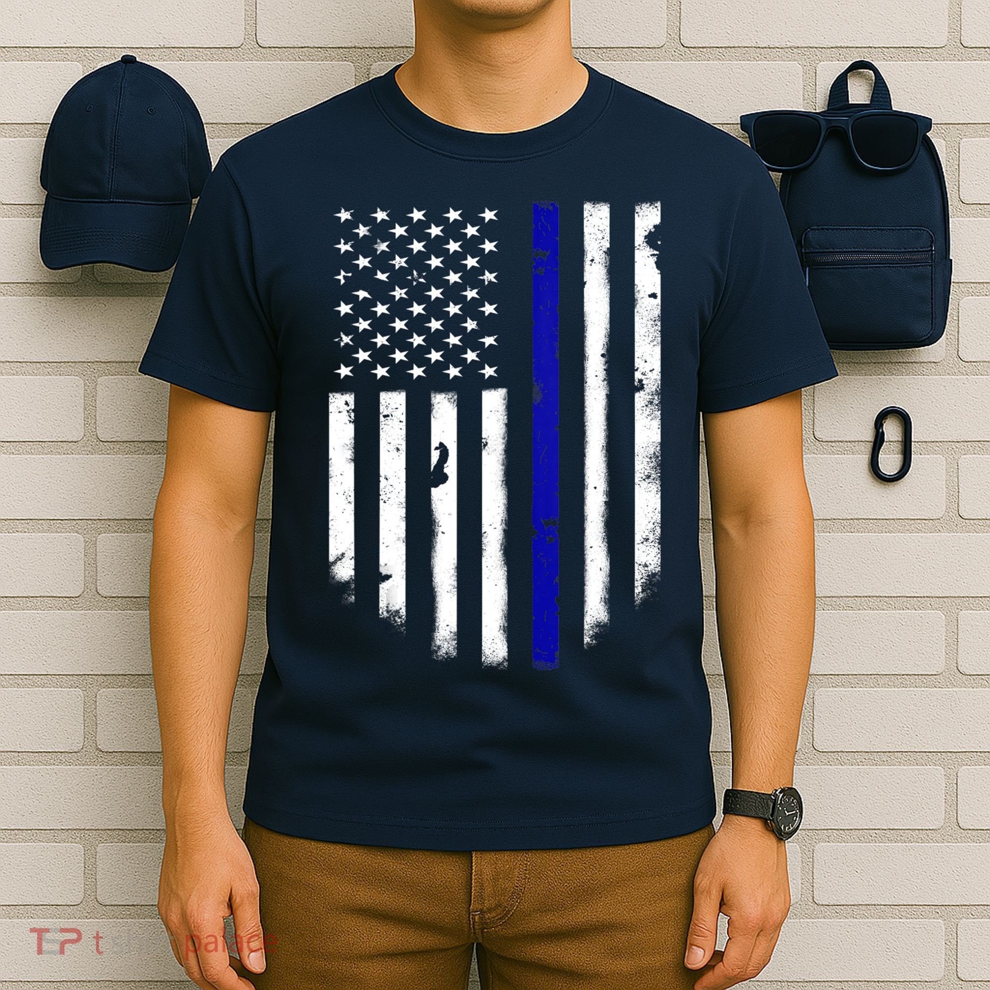 Thin Blue Line American Flag Shirt Cool Police Support Tee T-Shirt