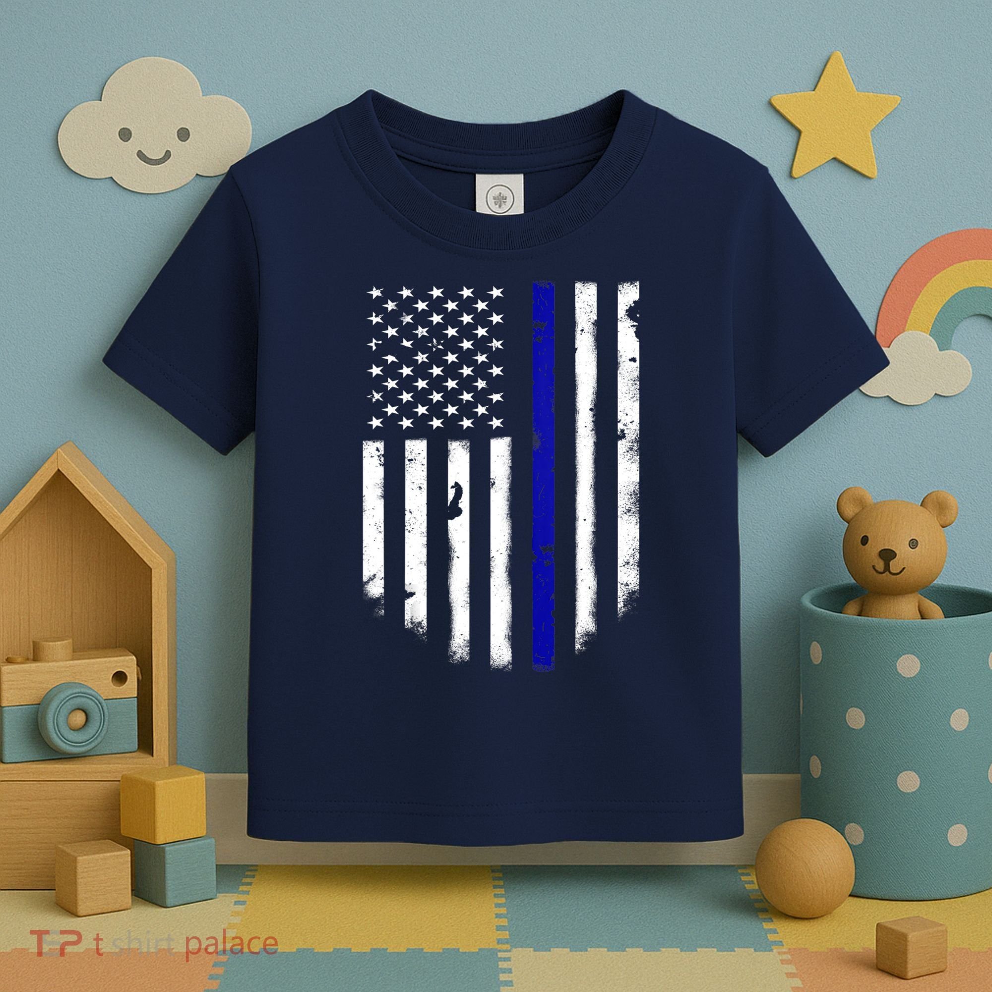 Thin Blue Line American Flag Shirt Cool Police Support Tee Toddler T-Shirt