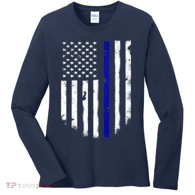 Thin Blue Line American Flag Shirt Cool Police Support Tee Women's Long Sleeve Shirt