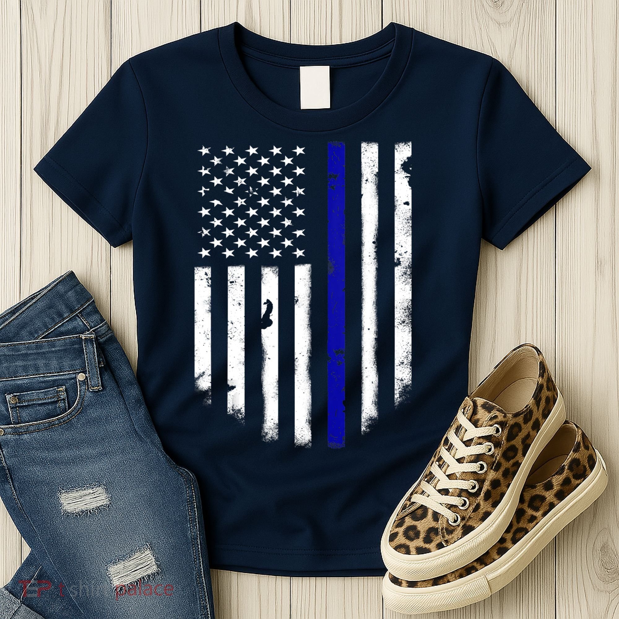 Thin Blue Line American Flag Shirt Cool Police Support Tee Women's T-Shirt