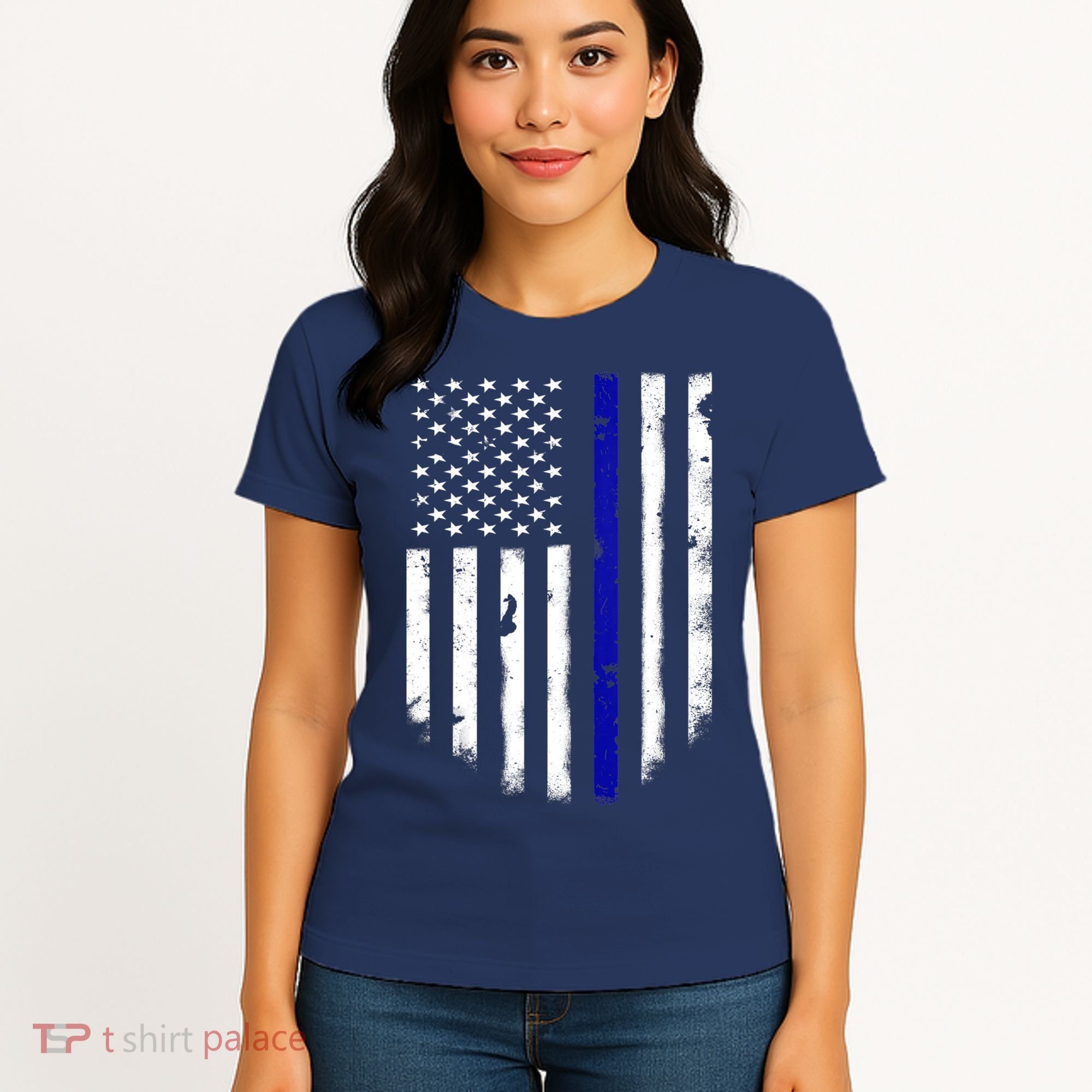 Thin Blue Line American Flag Shirt Cool Police Support Tee Women's T-Shirt
