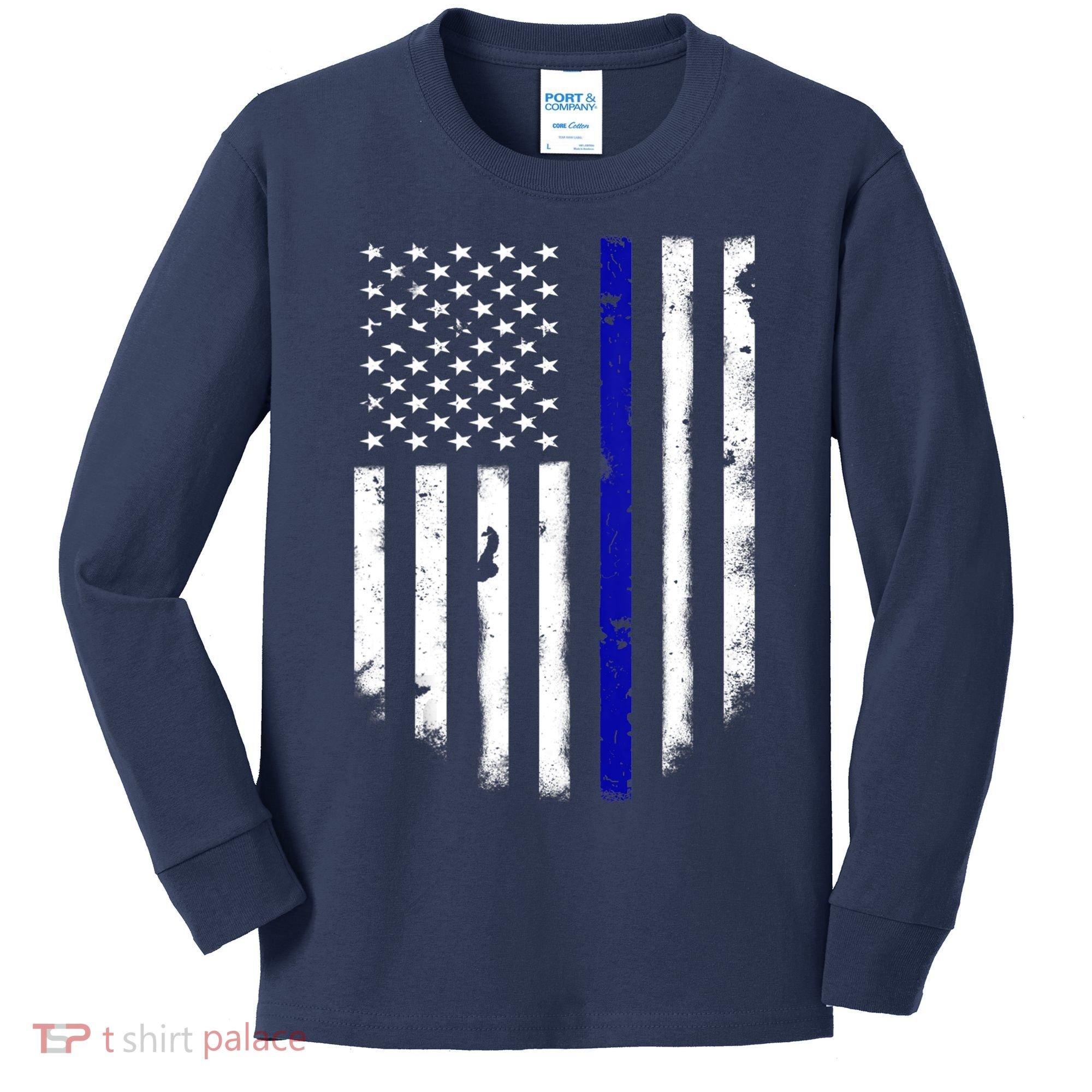 Thin Blue Line American Flag Shirt Cool Police Support Tee Kids Long Sleeve Shirt