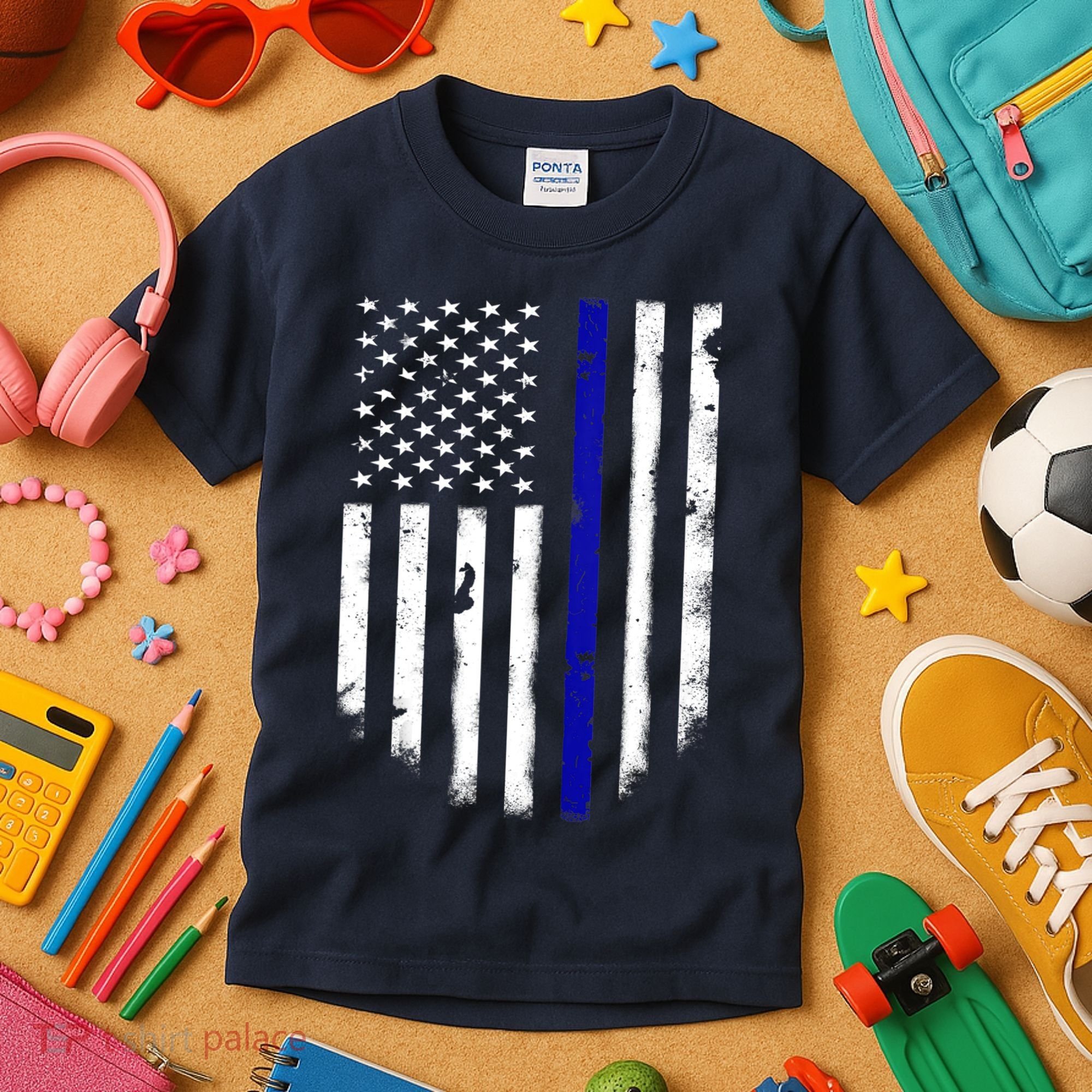 Thin Blue Line American Flag Shirt Cool Police Support Tee Kids T-Shirt