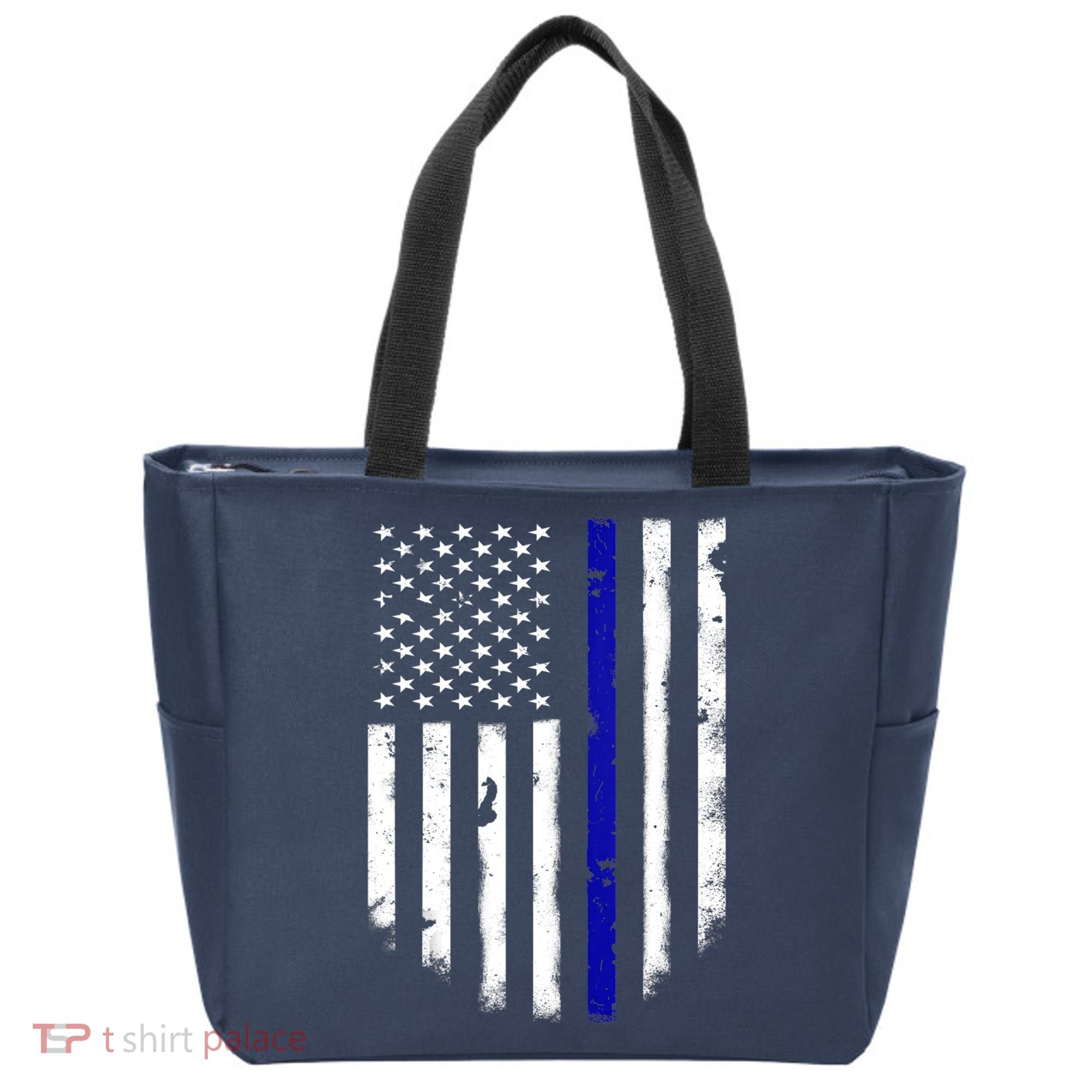 Thin Blue Line American Flag Shirt Cool Police Support Tee Tote Bag