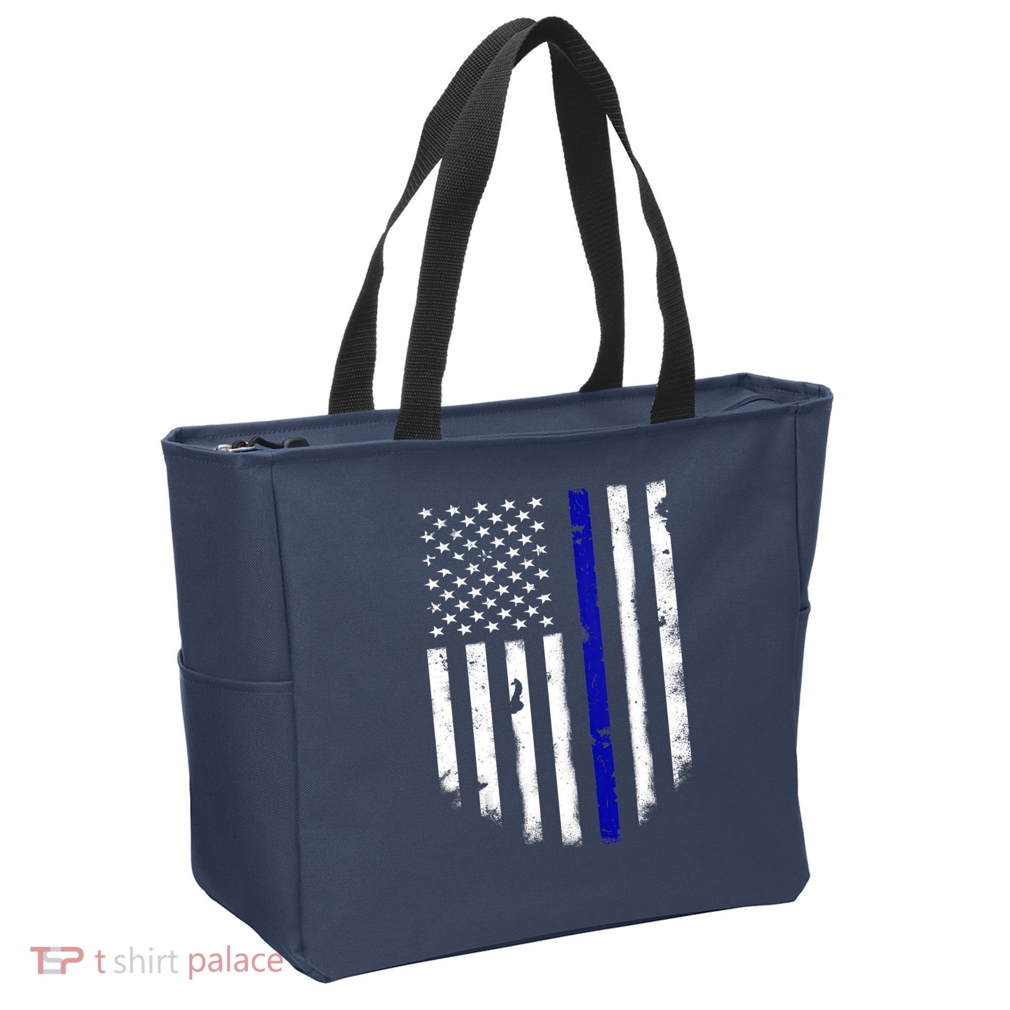 Thin Blue Line American Flag Shirt Cool Police Support Tee Tote Bag