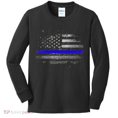 Thin Blue Line Vintage Usa Flag Patriots Kids Long Sleeve Shirt