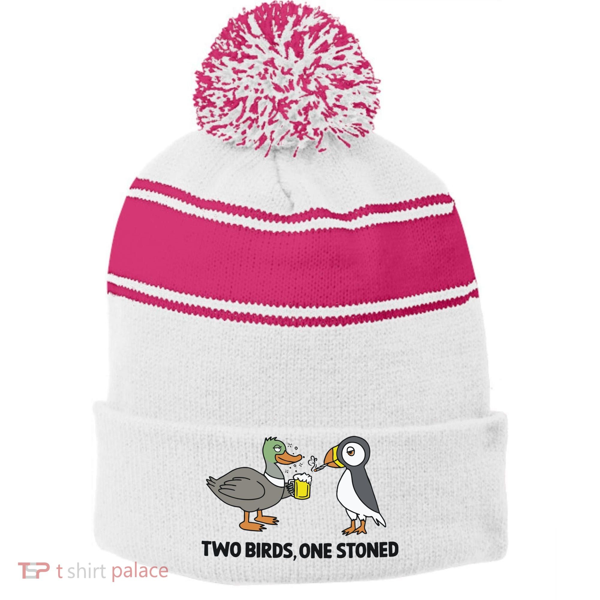 Two Birds One Stoned Stripe Pom Pom Beanie