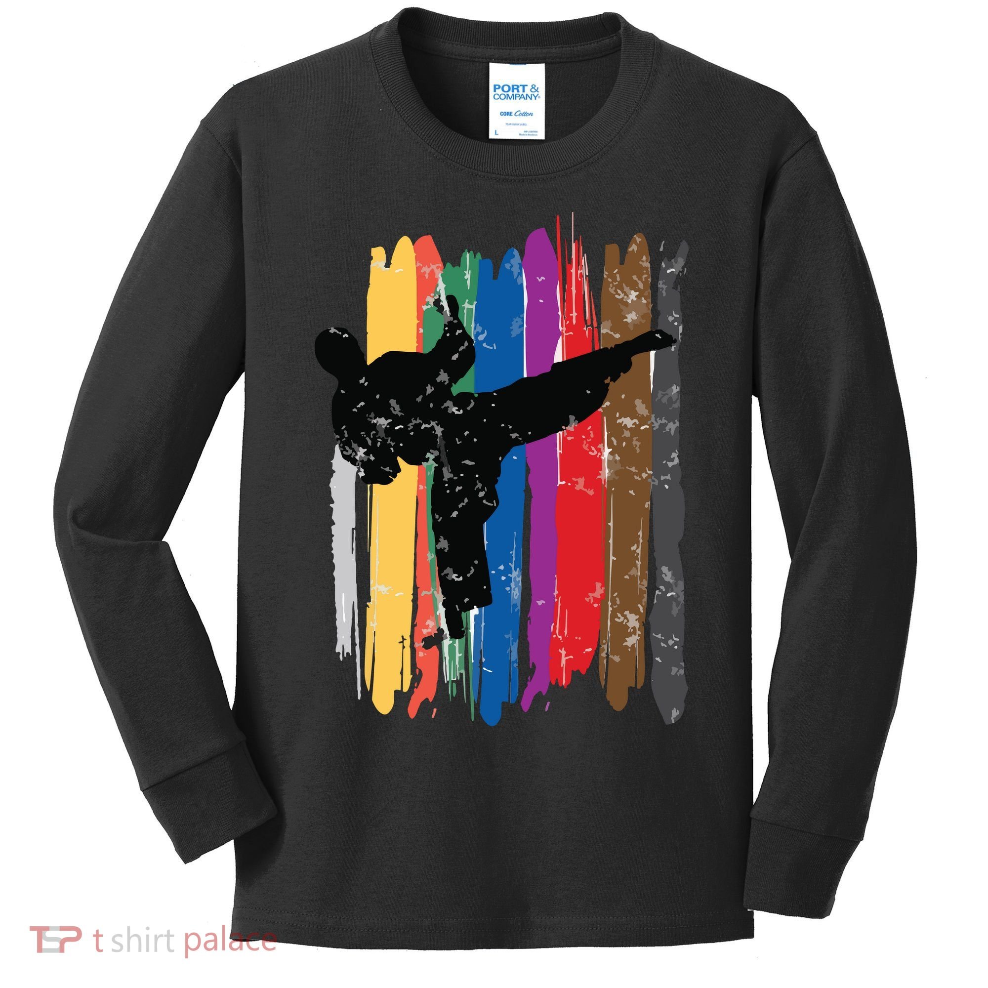 Taekwondo Belts Silhouette Distressed Martial Arts Gift Kids Long Sleeve Shirt