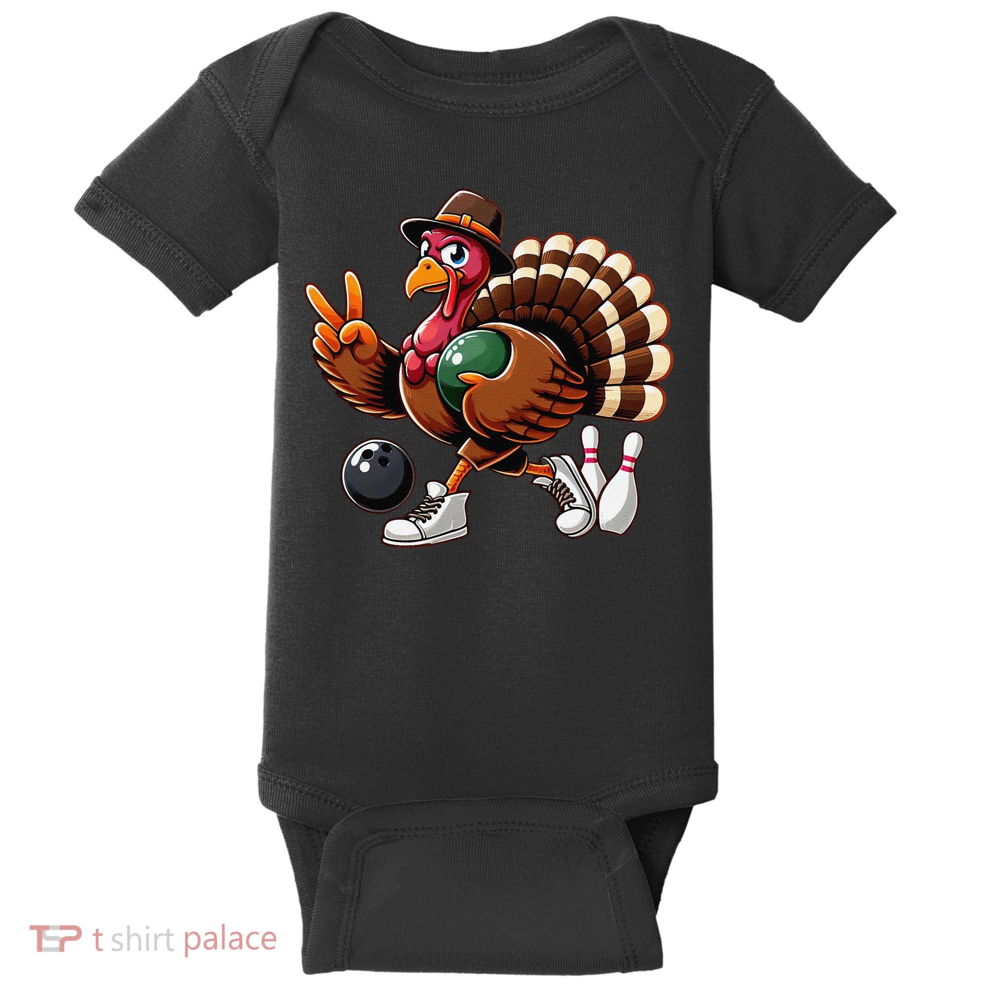 Turkey Bowling Thanksgiving Turkey Playing Bowling Turkey Baby Bodysuit