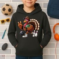 Turkey Bowling Thanksgiving Turkey Playing Bowling Turkey Kids Hoodie thumb 2