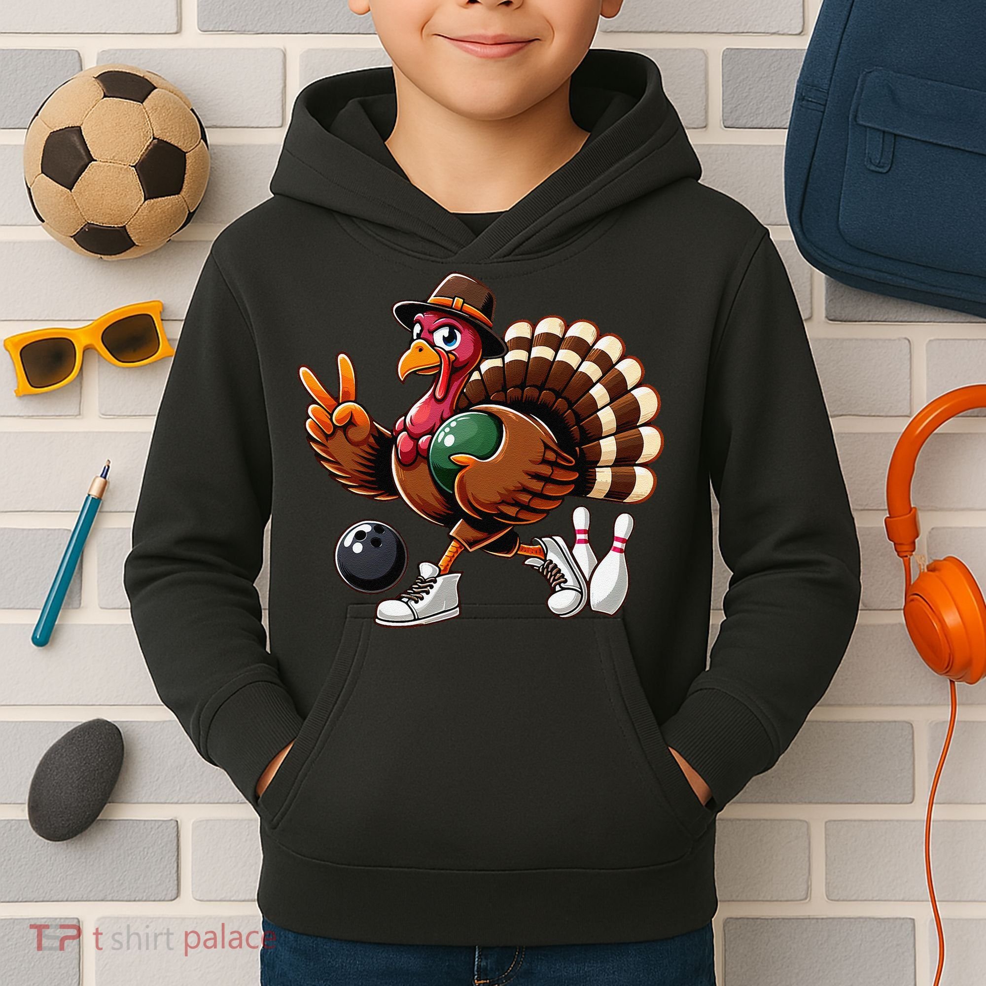 Turkey Bowling Thanksgiving Turkey Playing Bowling Turkey Kids Hoodie