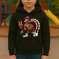 Turkey Bowling Thanksgiving Turkey Playing Bowling Turkey Kids Hoodie thumb 3
