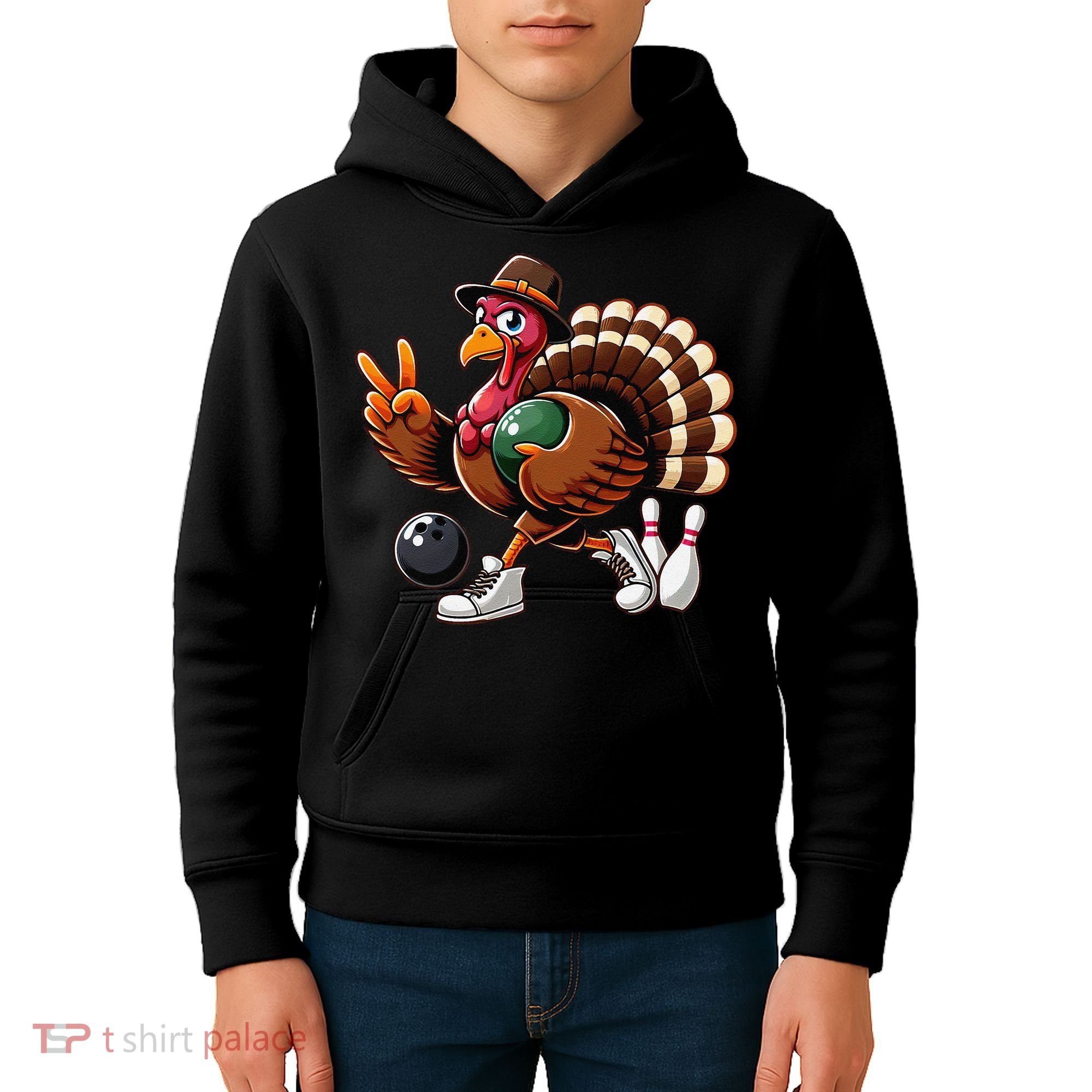 Turkey Bowling Thanksgiving Turkey Playing Bowling Turkey Kids Hoodie
