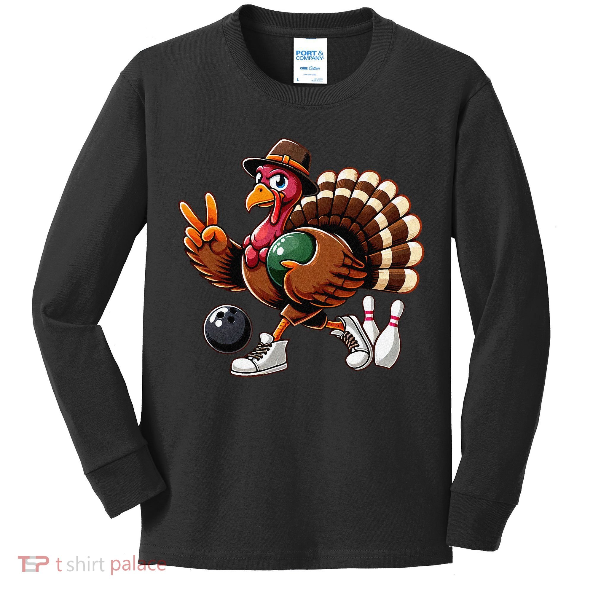 Turkey Bowling Thanksgiving Turkey Playing Bowling Turkey Kids Long Sleeve Shirt