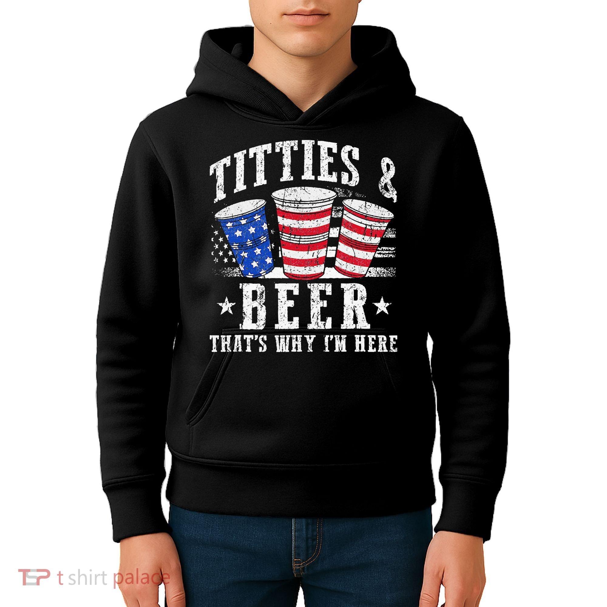 Titties & Beer Thats Why Im Here Red White And Blue Shots Kids Hoodie