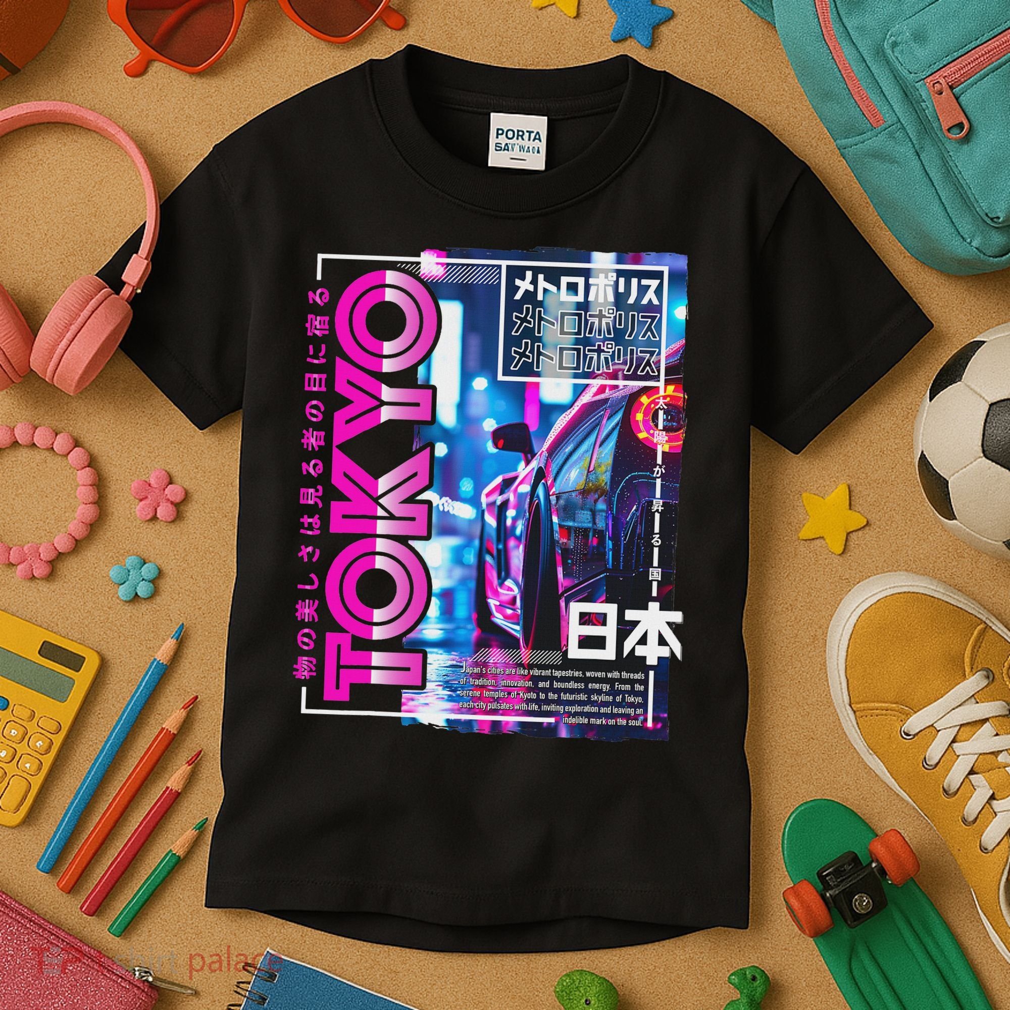Tokyo City 80s Synthwave Racing Car Japan Tokyo Kids T-Shirt