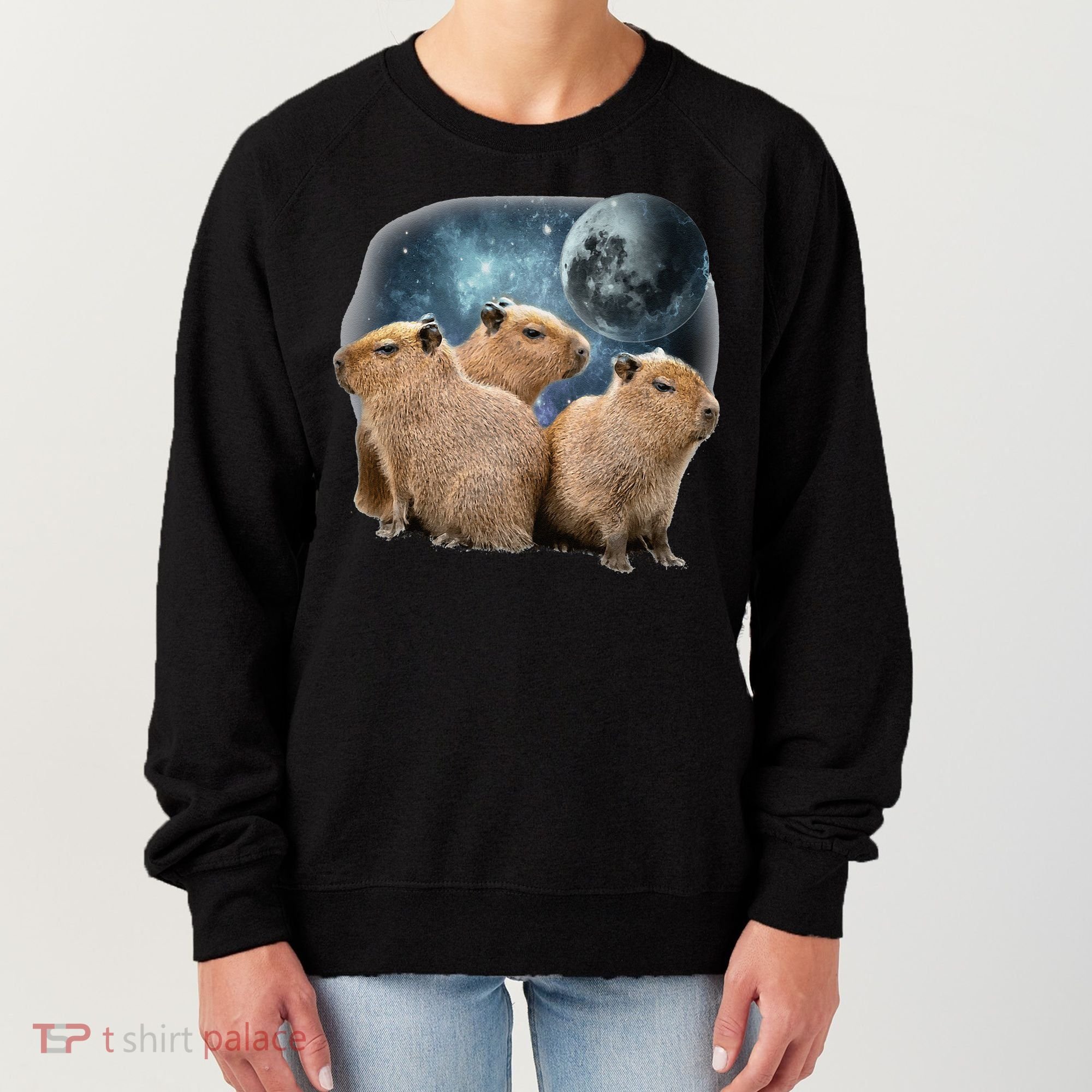Three Capybaras And Moon Funny Capybara Humor Parody Women's Sweatshirt